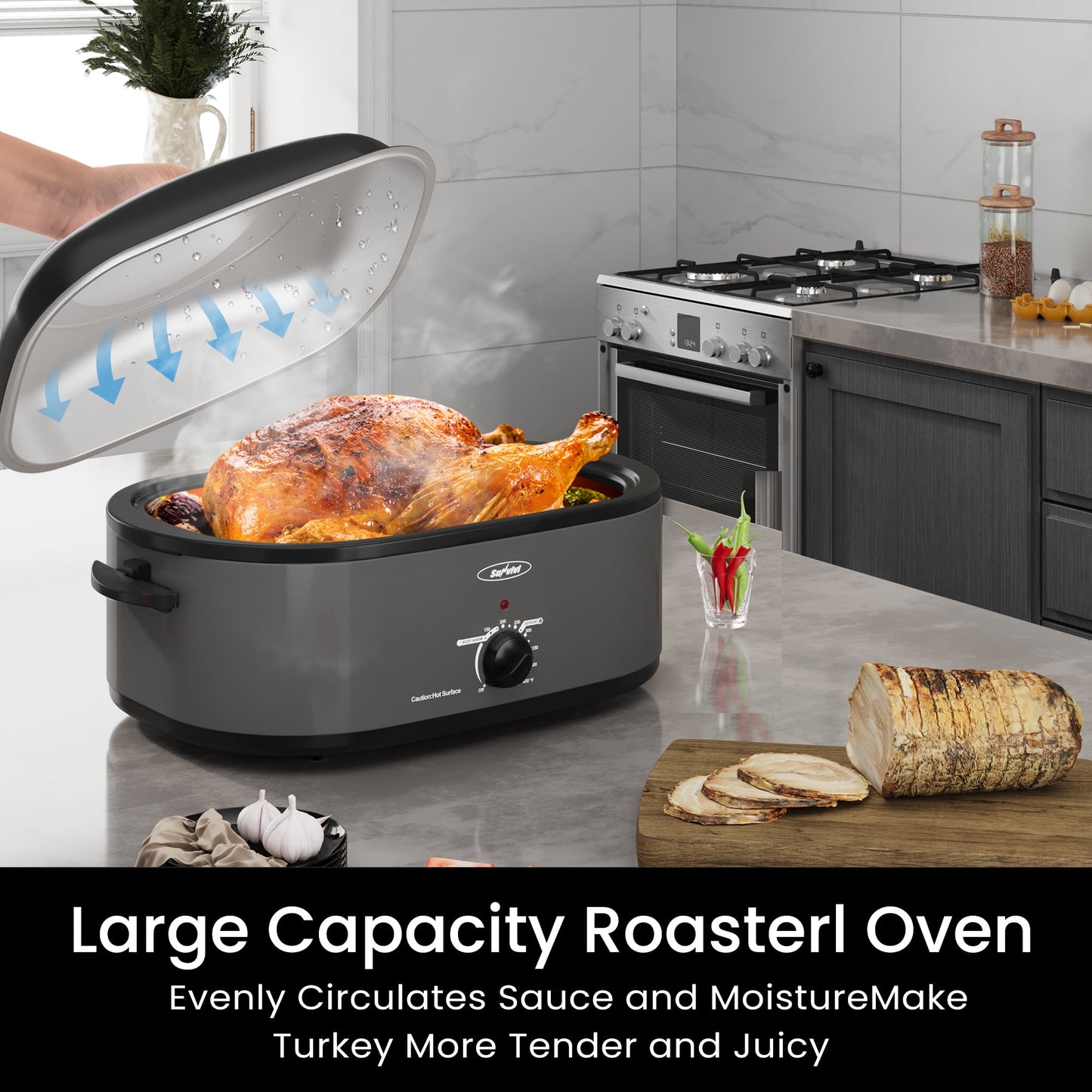 Sunvivi Roaster Oven with Self-Basting Lid, 18qt Electric Roaster with Removable Pan & Rack, Turkey Roaster Oven with Defrost & Warm Function, Stainless Steel, Grey