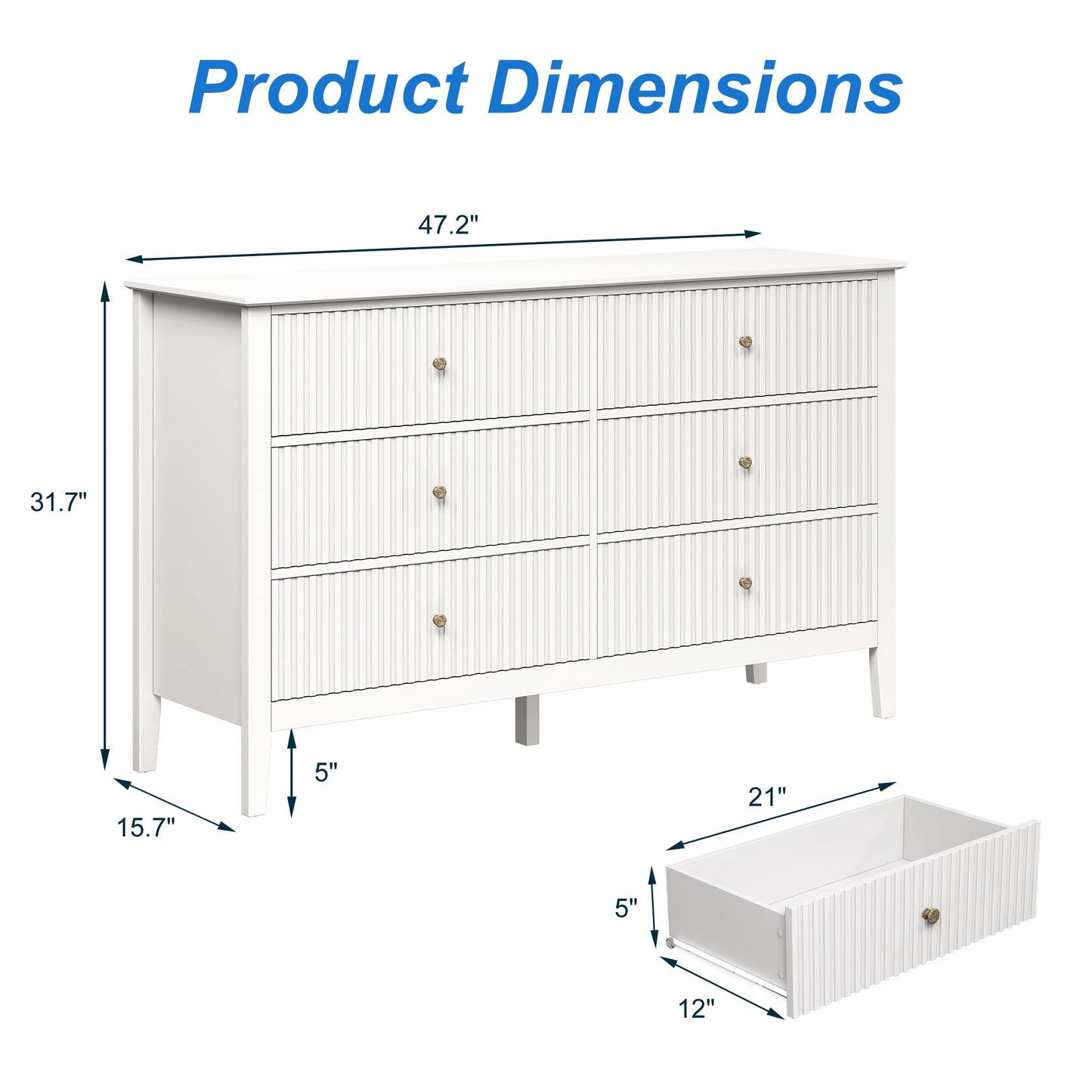 May in Color Fluted 6 Drawer Dresser, Wide Modern Chest of Drawers, Large Wood Storage Cabinet Organizer for Bedroom, Living Room, Hallway, Entryway, White