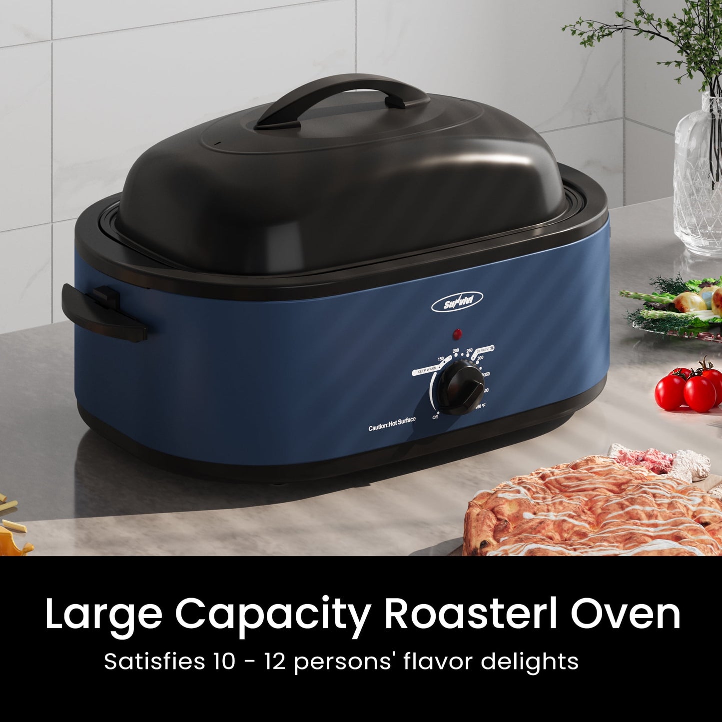 Sunvivi Roaster Oven with Self-Basting Lid, 18qt Electric Roaster with Removable Pan & Rack, Turkey Roaster Oven with Defrost & Warm Function, Stainless Steel, Blue