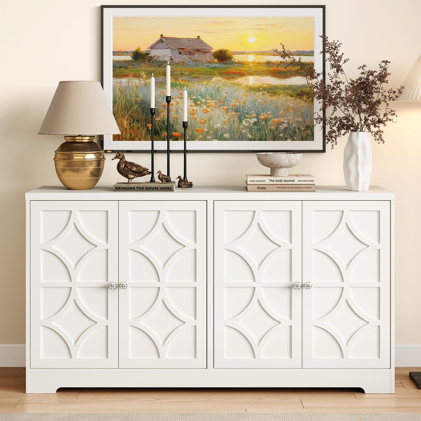 Heynemo 56'' Modern Kitchen Buffet Table with 4 Doors and Adjustable Shelves, Sideboard Buffet Cabinet with Storage, Wood Credenza Accent Coffee Bar Cabinet for Entryway, Living Room,Matte White