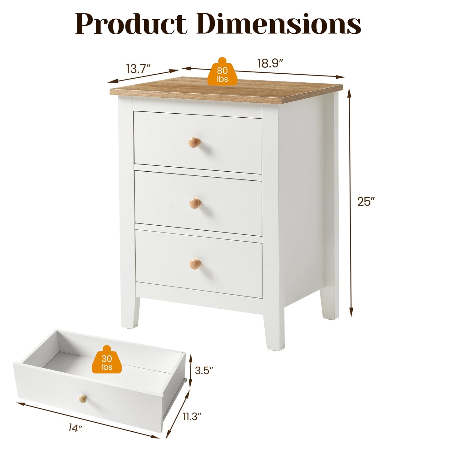 May in Color Tall 3 Drawer Nightstand, Modern Bedside Table with Solid Wood Knobs, Wood Side Table for Bedroom, Living Room, White