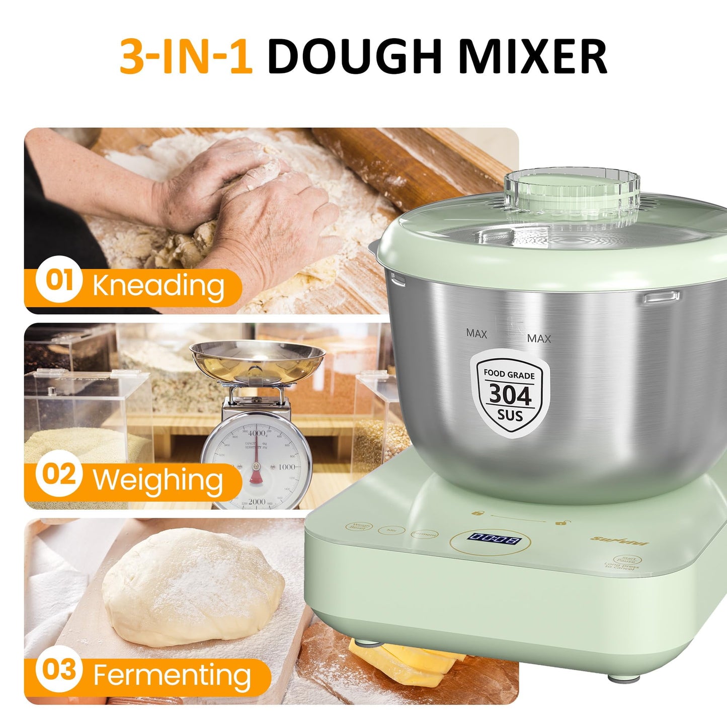 RoyalCraft Electric Dough Maker with Weighing Function,5.2QT Dough Mixer with Ferment Function,Household Dough Maker Kitchen Flour Kneading Machine with Stainless Steel Bowl,Face-up Touch Panel