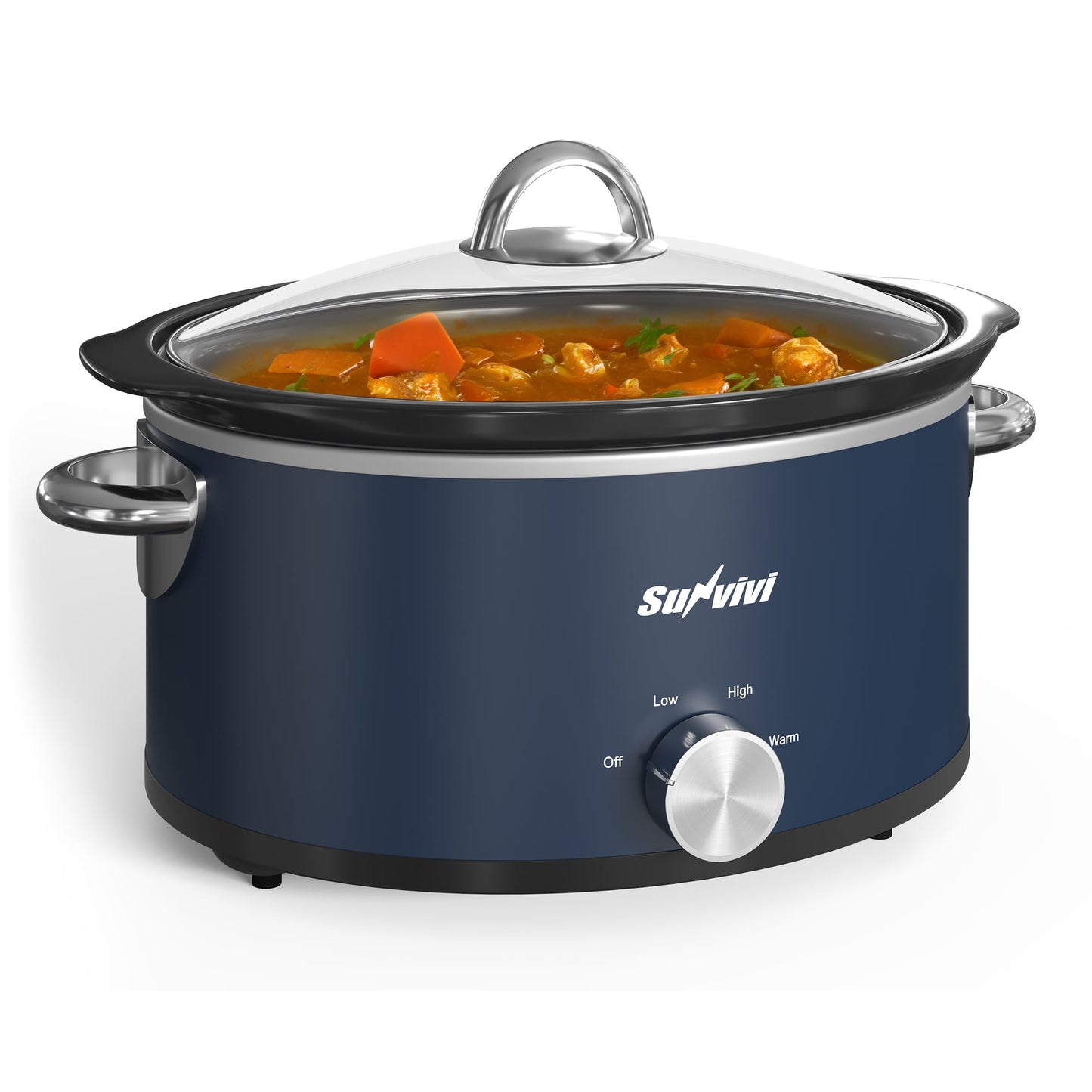 3QT Compact Slow Cooker & Food Warmer with 3 Temperature Settings, Removable Ceramic Pot, Dishwasher-Safe Glass Lid, Stainless Steel - Available in Black, Silver, and Blue