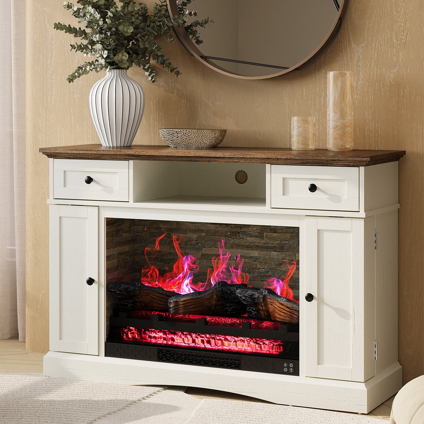 May in Color White TV Stand with 28'' Fireplace, Media Console Table with Adjustable Shelves, Entertainment Center with Double-door Design for Living Room, Bedroom