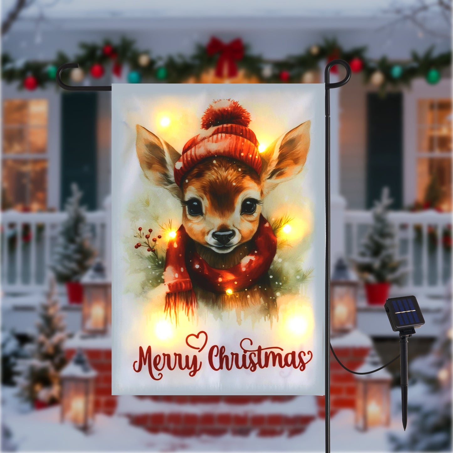 Heynemo Christmas Solar Garden Flag with Lights, Led 12"x18" Double-Sided Reindeer Yard Flag, Winter Decor for Lawn, Porch, Path