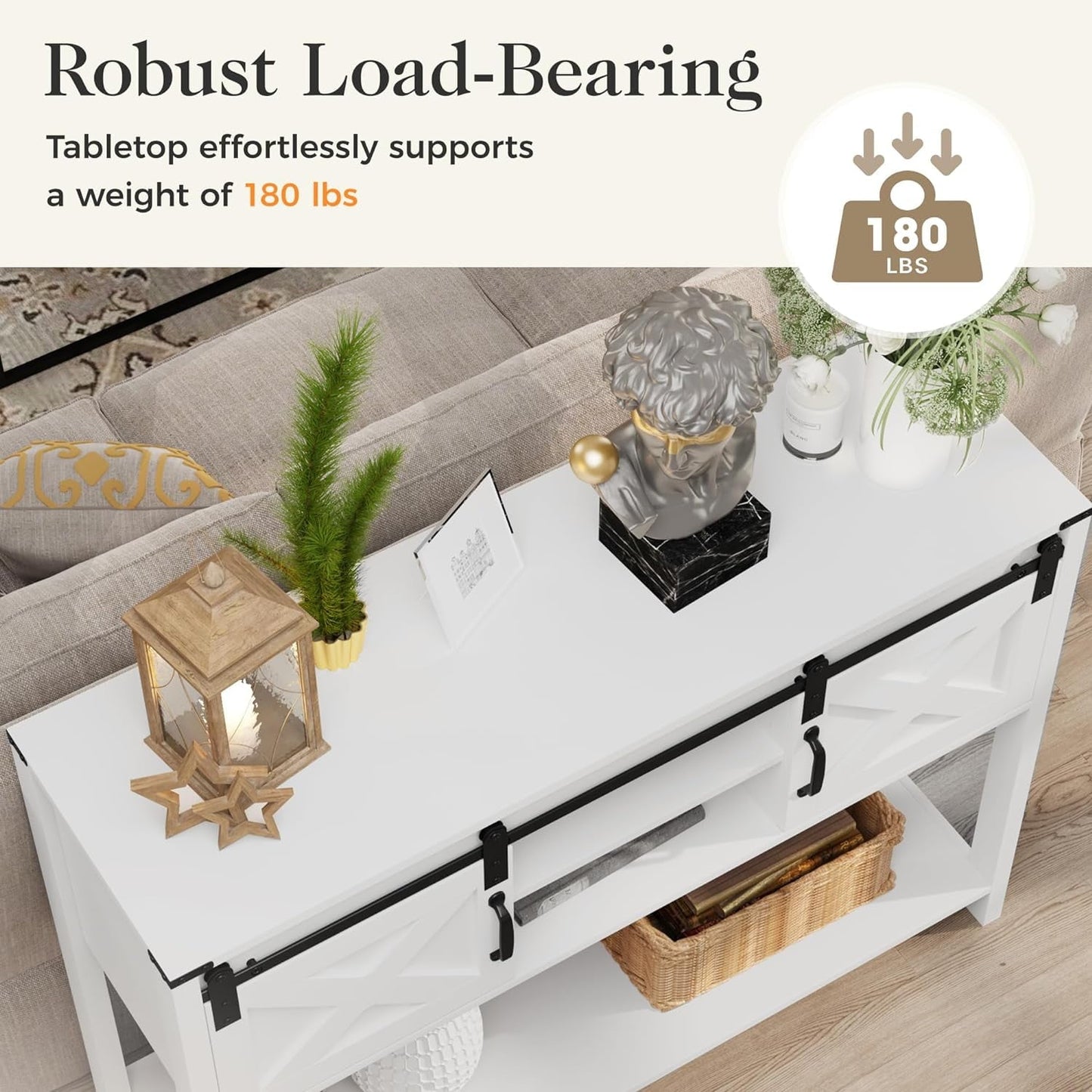 May in Color Entryway Table, 46" Modern Farmhouse Console Table with Sliding Barn Door, for Hallway, Living Room, Foyer, White