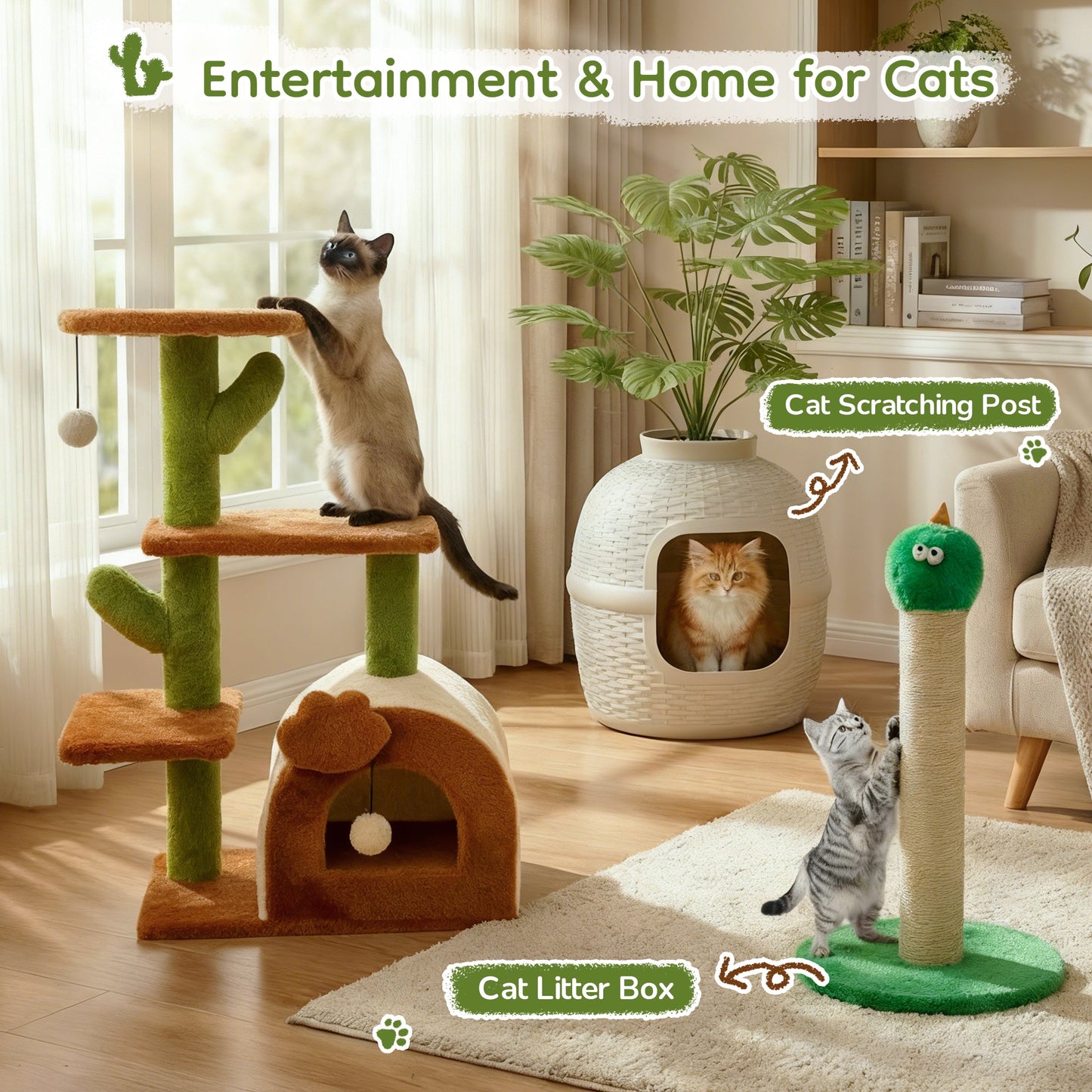 Cactus Cat Tree for Indoor Cats with Cozy Condo Wide Top Perch Multi-Level Jumping and Lounging Space 27.5inch Plush, Brown