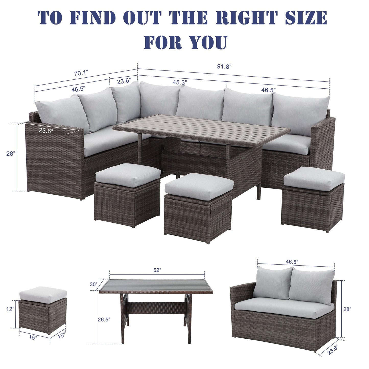 7 PCS Outdoor Dining Table Chair with Ottoman