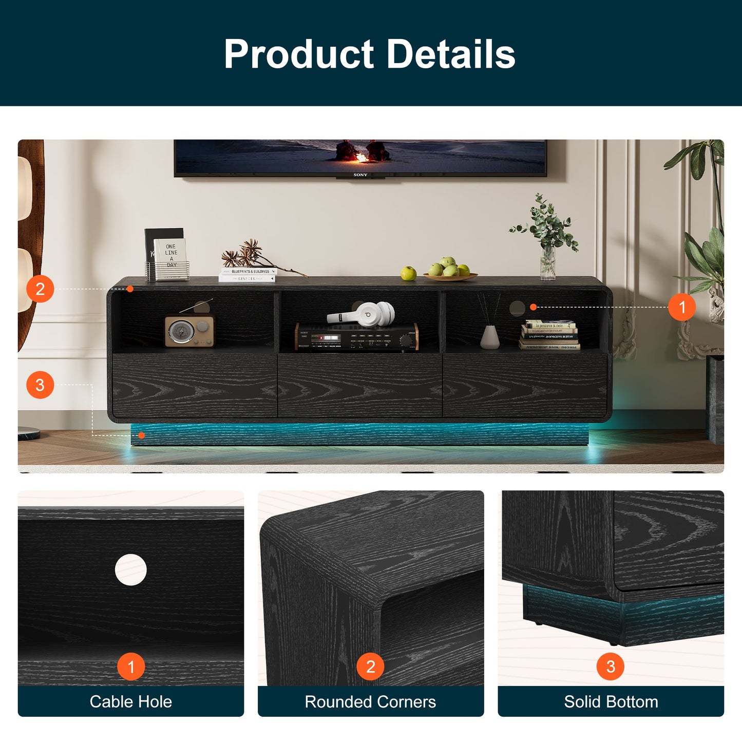 Royalcraft 59" Modern TV Stand with LED Lights, Floating Bohemian Wood Entertainment Center with Storage Drawers for Living Room & Bedroom