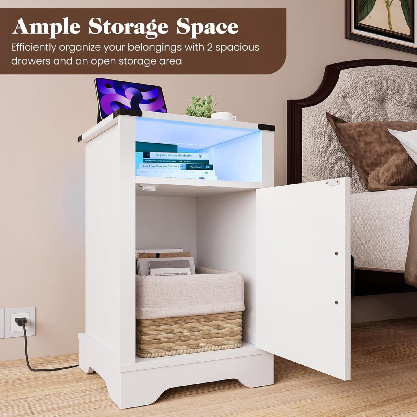 Superjoe LED Nightstand Set of 1 with Charging Station, Bedside Table with Storage Cabinet and Shelf, Rustic End Table, Farmhouse Wooden Side Table, for Bedroom, Living Room, White