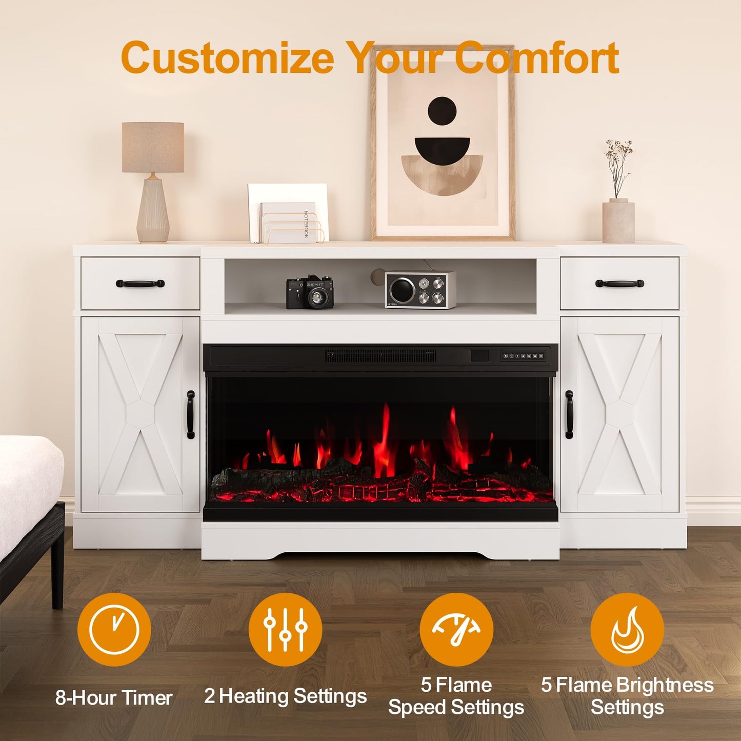 Heynemo TV Stands with 36'' Fireplace for TVs up to 75'', Media Console Table with Adjustable Shelves, Double-door Design, Entertainment Center for Living Room, Bedroom, White