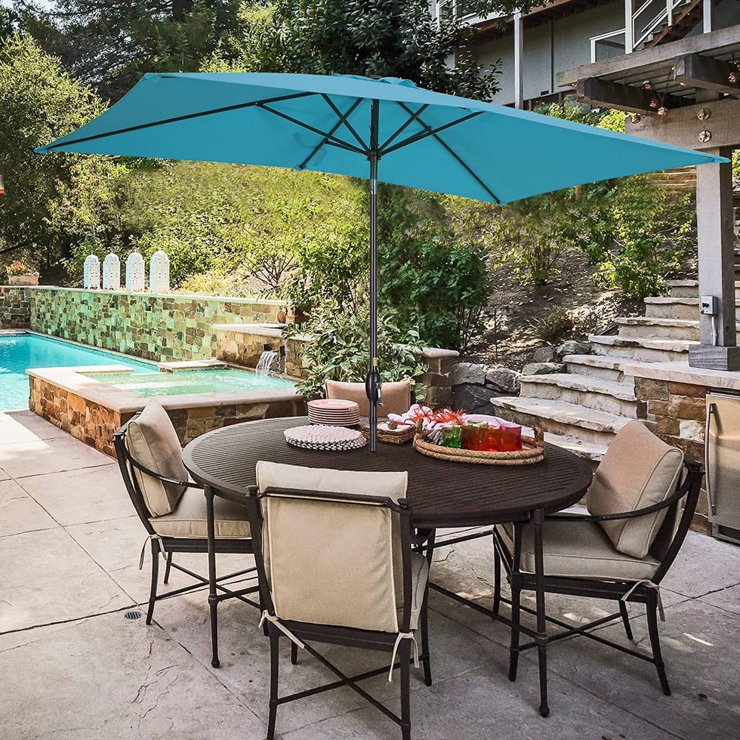RoyalCraft 6.5 x 10 Ft Rectangular Patio Umbrella Aluminum Pole, Outdoor Table Market Umbrella with Crank, 6 Steel Ribs, Polyester Canopy, Light Blue