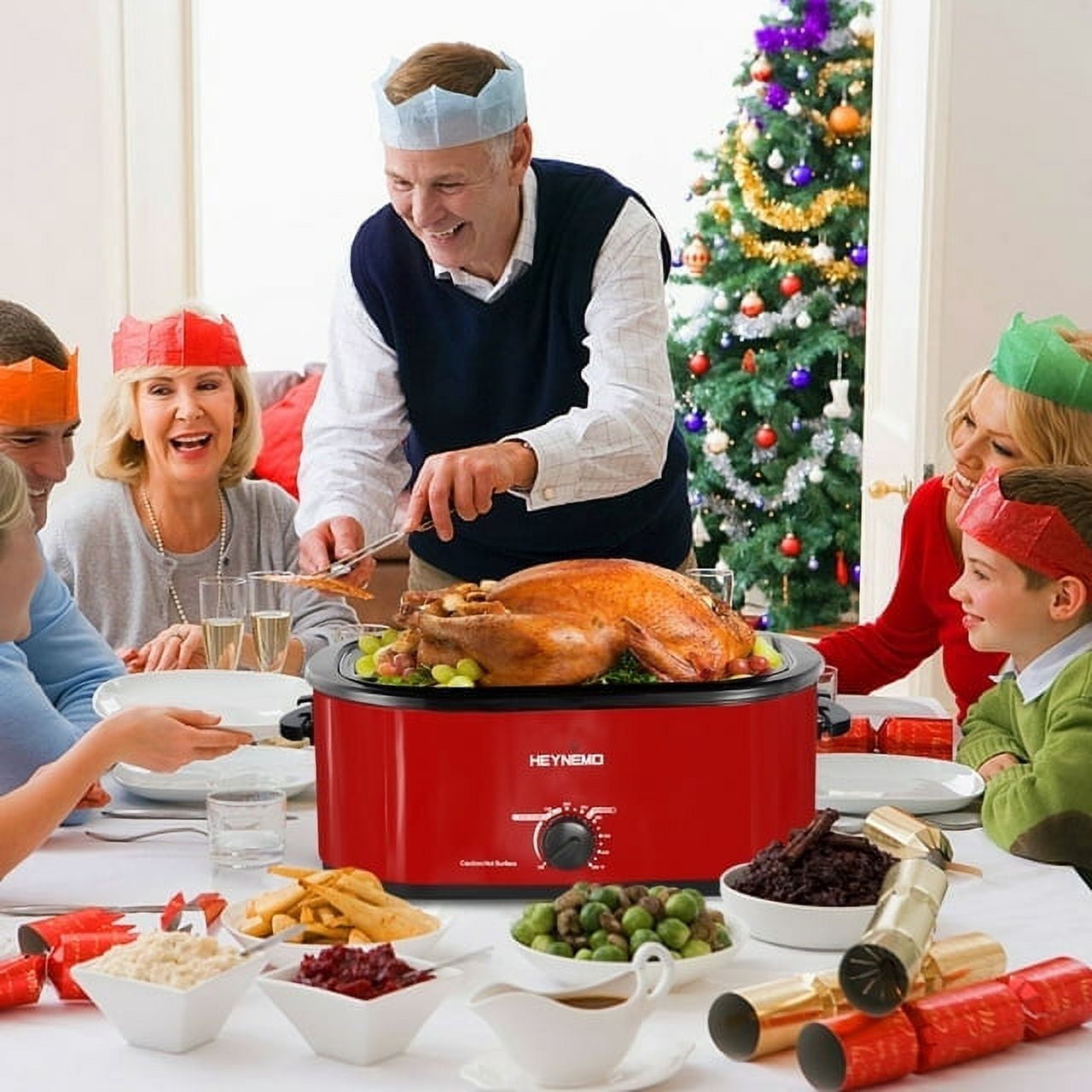 Superjoe 24 QT Electric Stainless Steel Turkey Roaster Oven, Self-Basting Lid Removable Insert Pot, Red