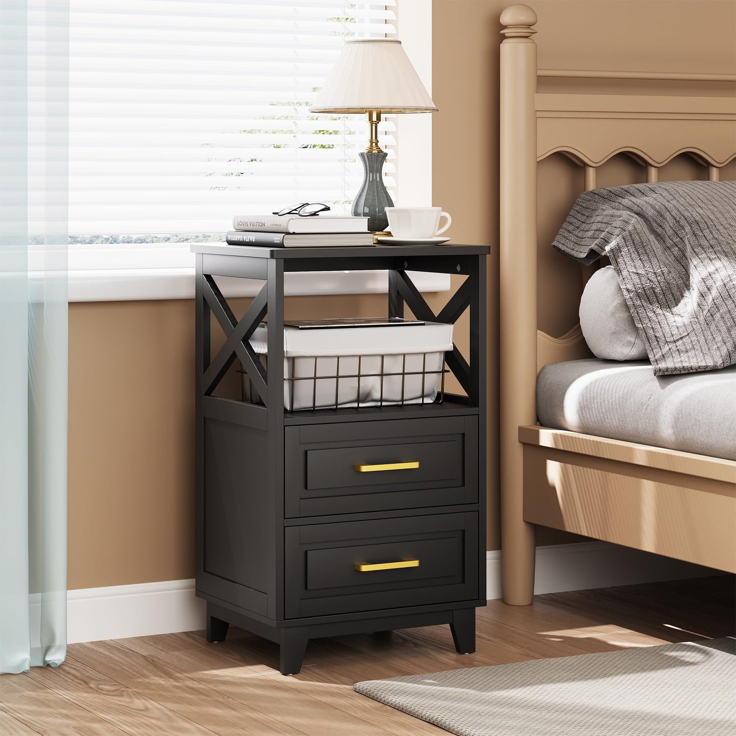 RoyalCraft Tall Nightstand Set of 2, Side Table with 2 Drawers and Open Shelf on Top, Bedside Table with Solid Feet, Modern Night Stand End Table for Bedroom, Living Room, Home Office, Black