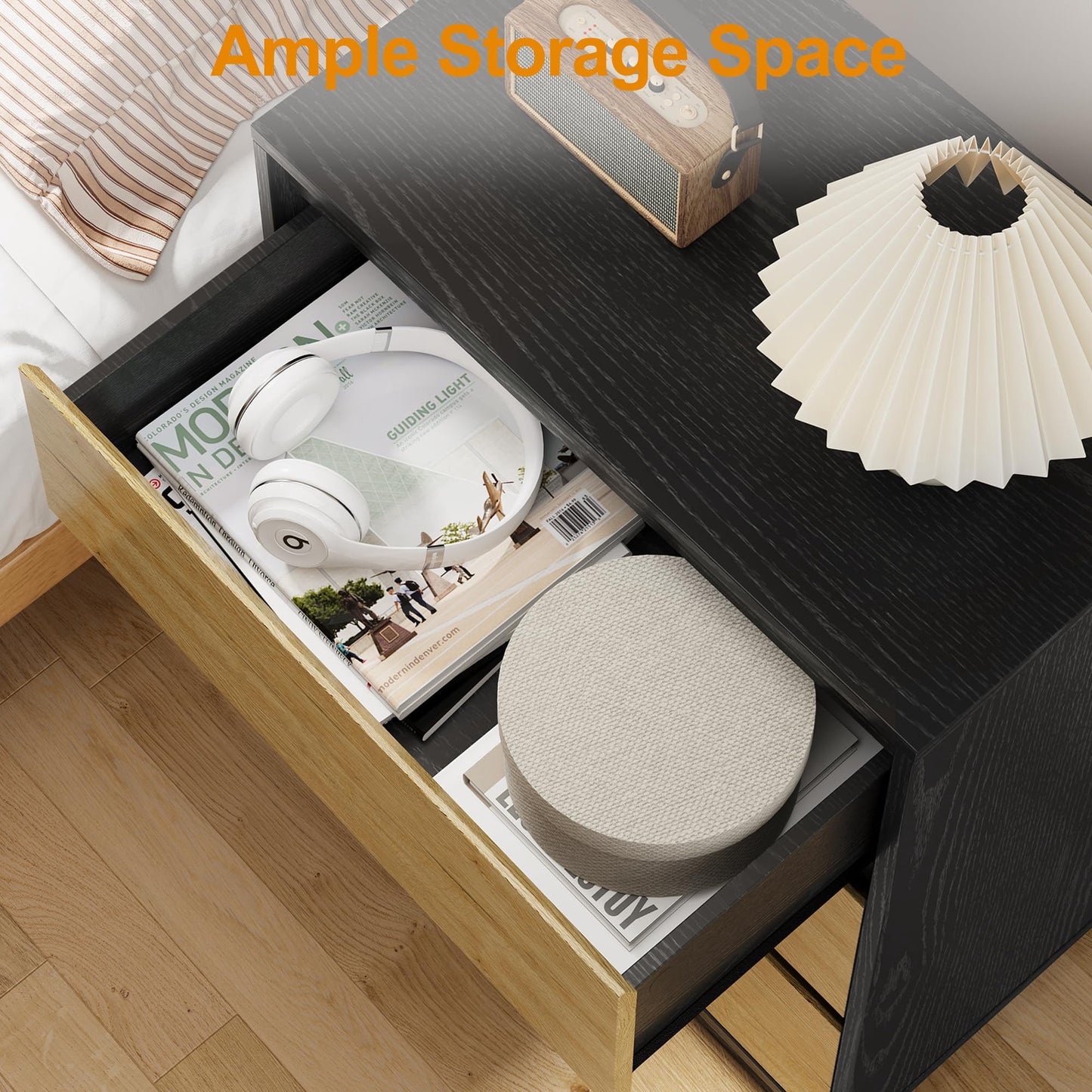 May in Color Wide Nightstand with 3 Drawers Set of 2, Black Large Nightstand for Bedroom, Home and Office, Black and Wood