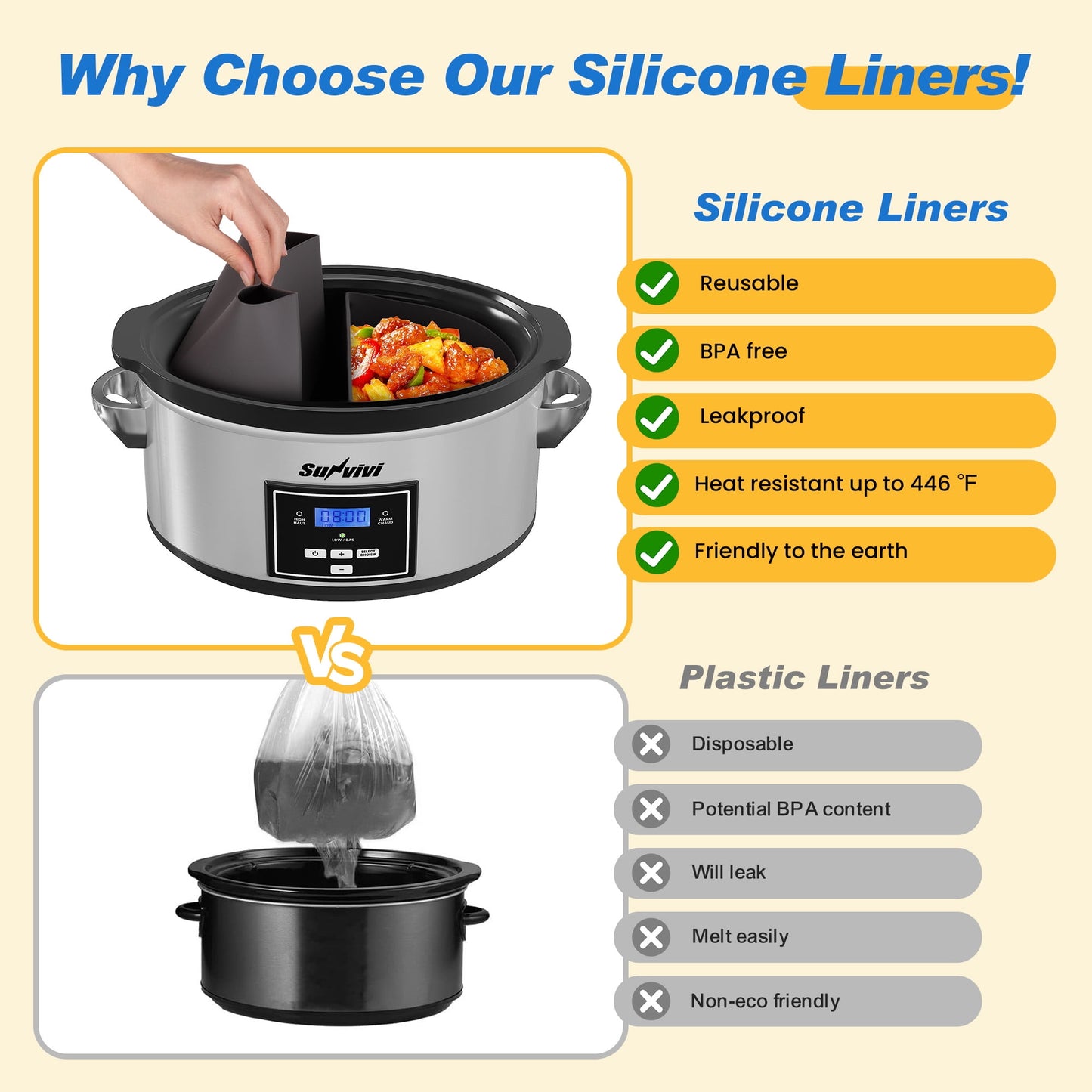 Superjoe Programmable Slow Cooker 6 Quart with 2 in 1 Silicone Liners, Multi-Cooker Food Warmer with Digital Timer, 3 Cooking Settings, Dishwasher-Safe Removable Ceramic Pot & Lid, Silver.