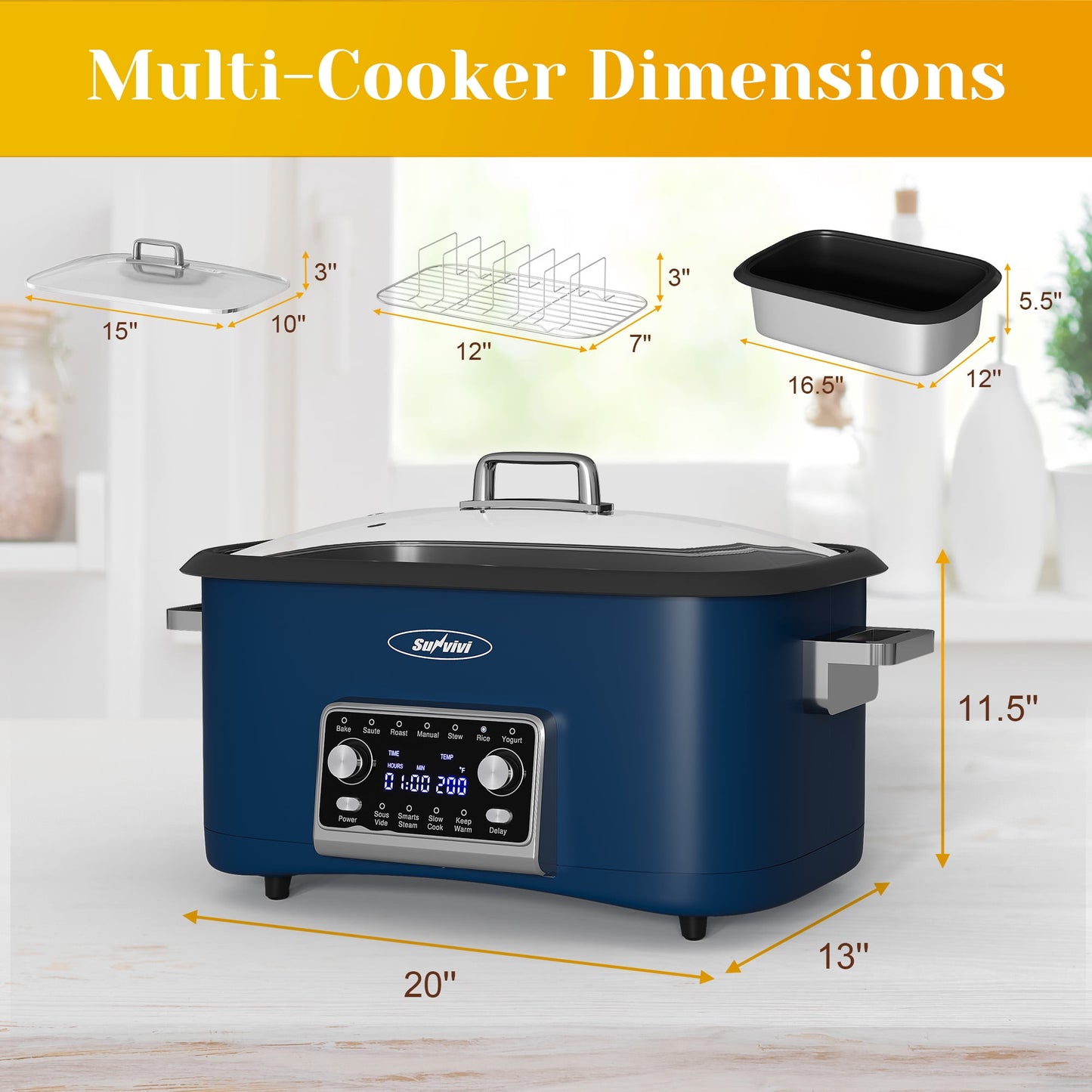 Heynemo 12-in-1 Digital Slow Cooker, 8QT Multi-Cooker with Adjustable Temp, Timer, Auto Shut-Off, Removable Non-Stick Pot & Dishwasher-Safe Glass Lid