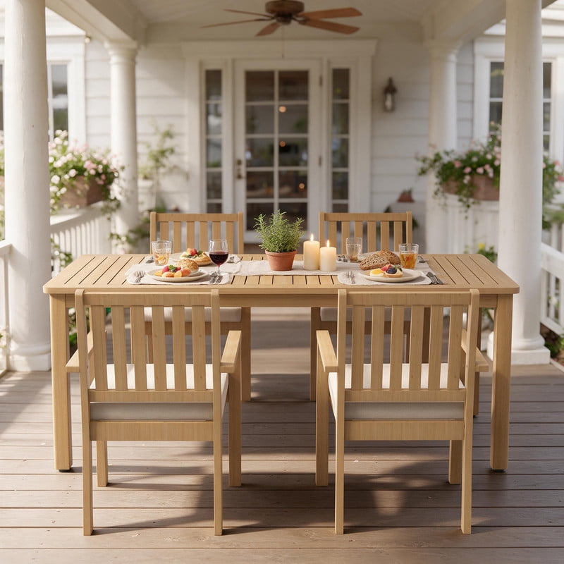 5-Piece Acacia Patio Table and Chairs Set for All-Weather, Outdoor Patio Dining Set with Umbrella Hole and Removable Cushion for 4, Durable Patio Table and Chairs Set for Backyard, Garden, Heynemo