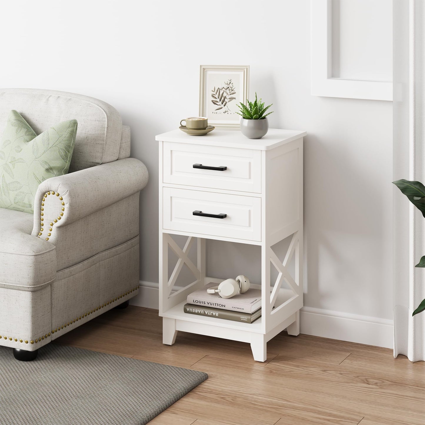 May in Color Tall Nightstand, Side Table with 2 Drawers and Open Shelf Below, for Bedroom, Living Room, Home Office, White