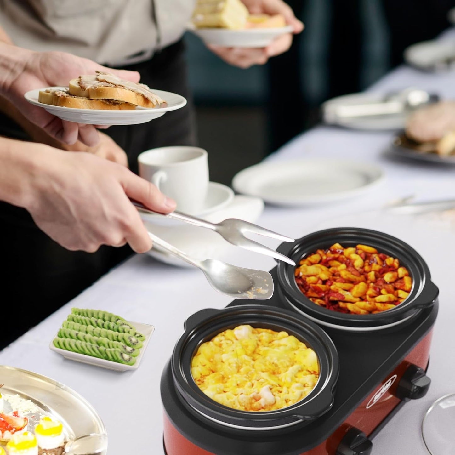 Superjoe Double Slow Cooker,2 Pot Small Mini Crock Buffet Servers and Warmer,Dual Pot Oval Manual Slow Cooker with Adjustable Temp Removable Ceramic Pot,Stainless Steel, Total 2.5 Quarts Red