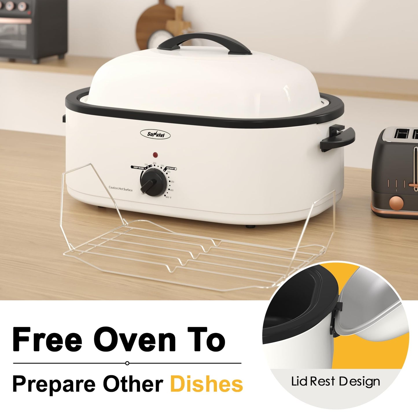 SUNVIVI Electric Roaster Oven With Self-Basting Lid - 20 Qt, Removable Pan, White