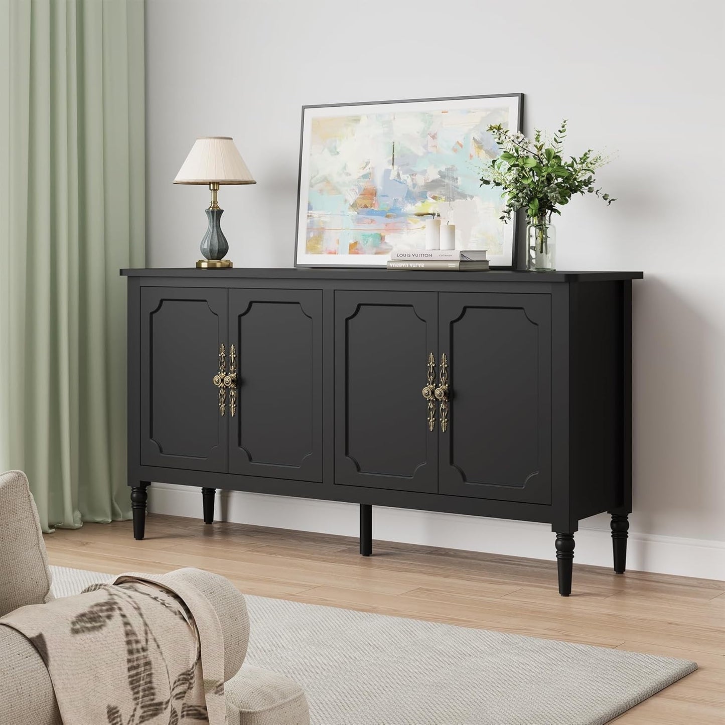 May in Color Sideboard Buffet Cabinet, 58'' Wood Console Cabinet with Storage & 4 Doors, Mid Century Entryway Table, for Living Room, Dining Room, Black