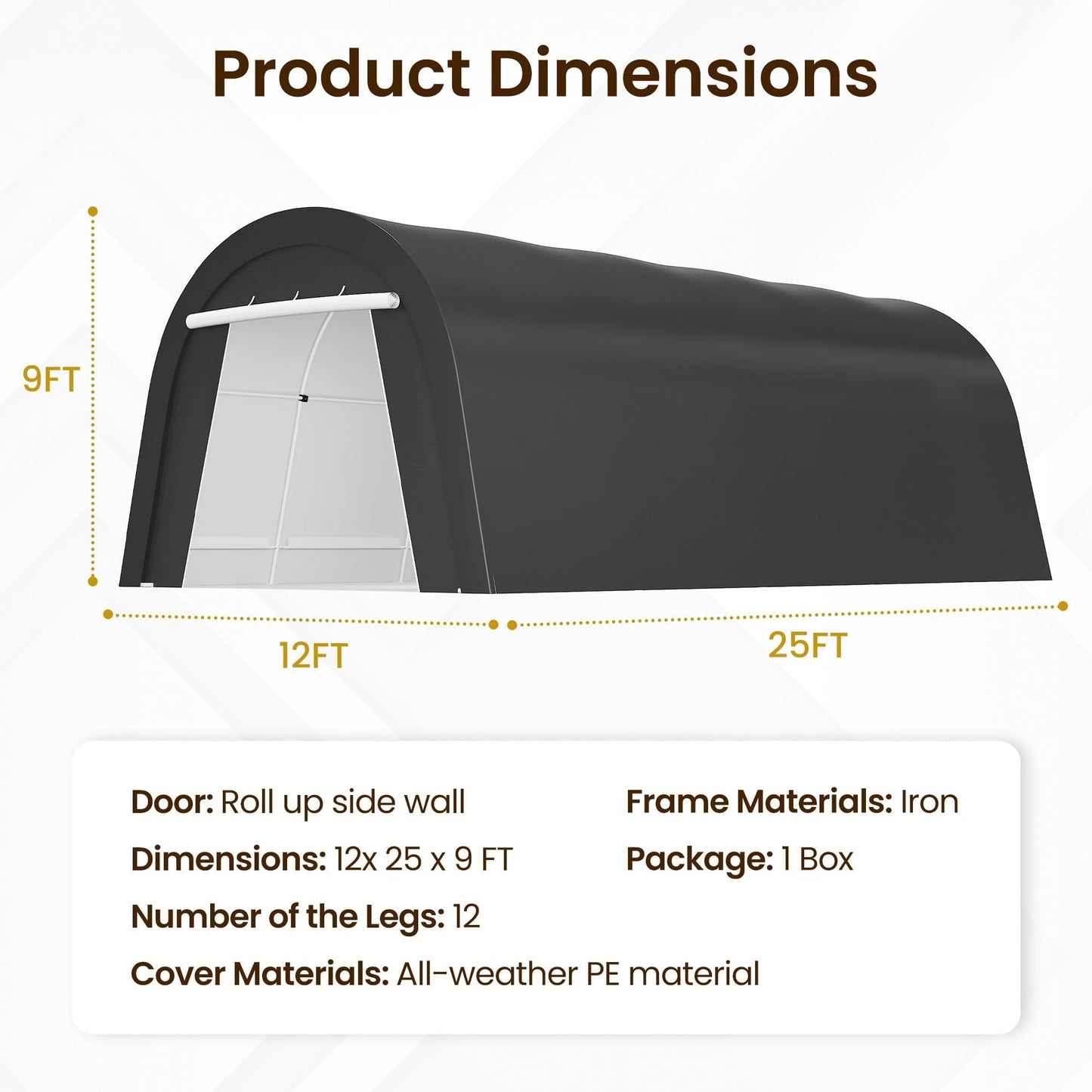 RoyalCraft Domed Carport, Portable Garage with 2 Roll up Doors, Heavy Duty Car Canopy Party Tent, All-Season Storage Shelter Shed Carport for Motorcycle, Boat, Truck, or Garden Tools, 12' x 25'