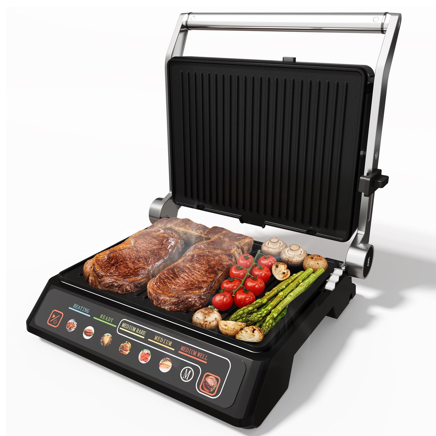 Heynemo Indoor Electric Grill 1600W, Double-Sided Panini Press & Griddle with Removable Nonstick Plates, Preset Menu, Easy Clean