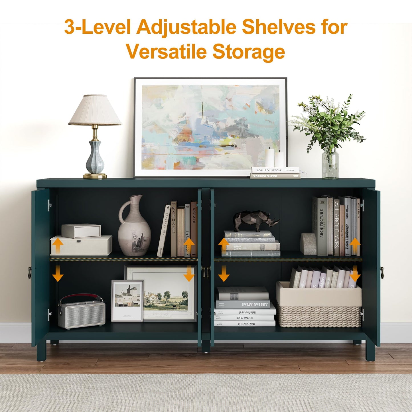 May in Color Sideboard Buffet, 58" Modern Buffet Cabinet with 4 Doors and Adjustable Shelves, for Entryway, Dining Room, Living Room, Bedroom, Turquoise