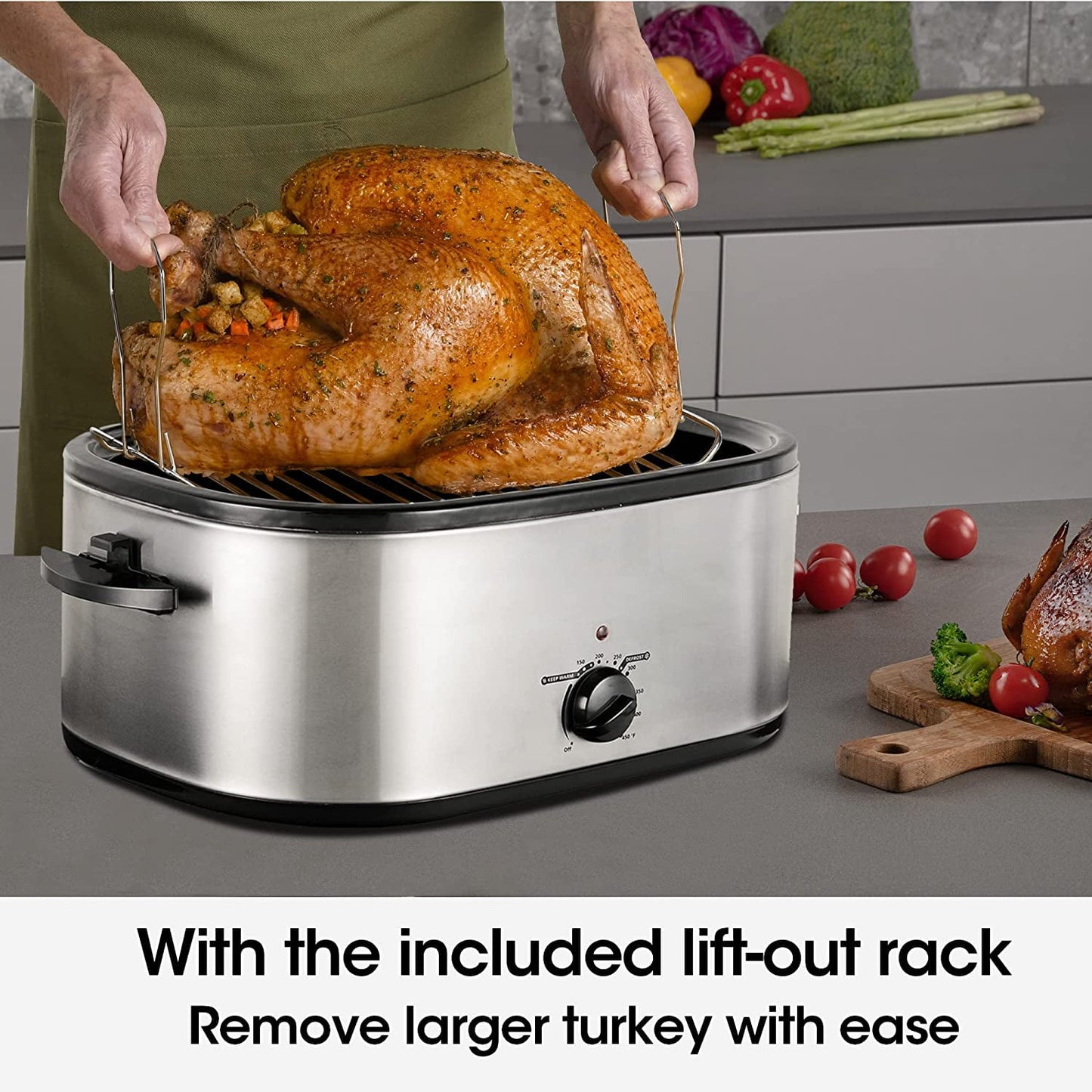 RoyalCraft 20 Quart Electric Roaster Oven with Self-Basting Lid, Stainless Steel, Silver