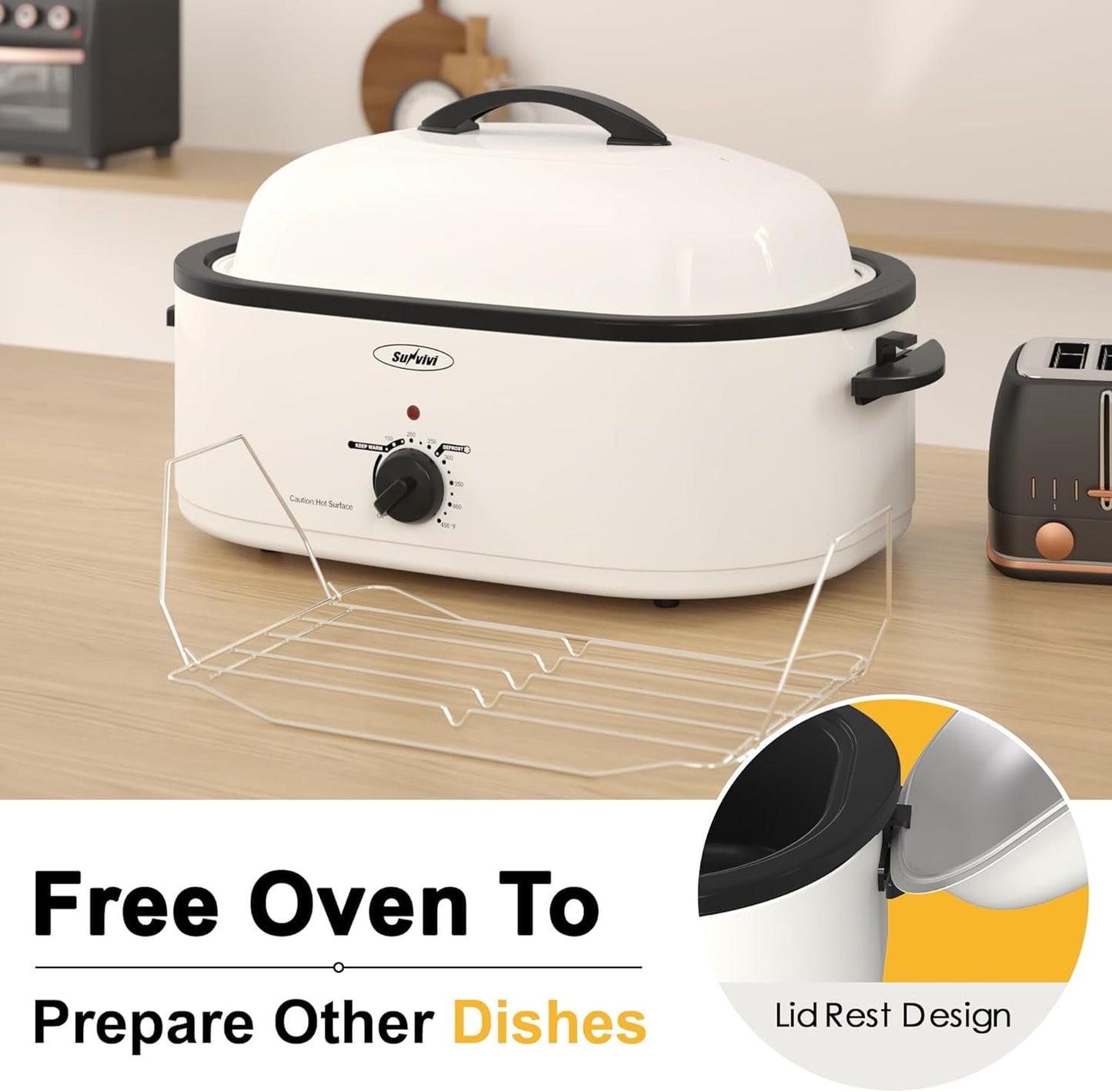 Superjoe 20 Quart Electric Roaster Oven with Self-Basting Lid, Turkey Roaster Oven Buffet with Removable Pan, Cool-Touch Handles, White