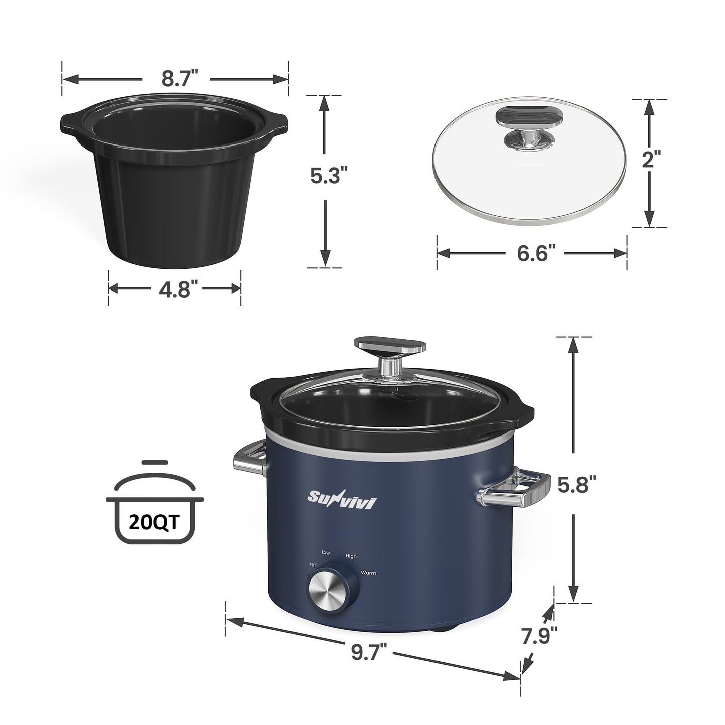 2QT Small Slow Cooker with Removable Ceramic Pot, 3 Heating Settings, Dishwasher-Safe Glass Lid,Blue