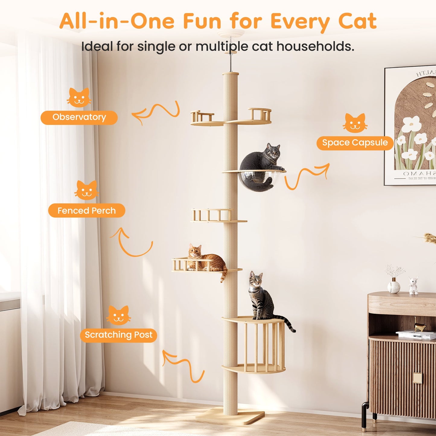Heynemo Floor to Ceiling Cat Tree Tower Adjustable Height Multi-Level with Acrylic Capsule Sisal Scratching Posts Stable Stylish for Kittens & Large Cats