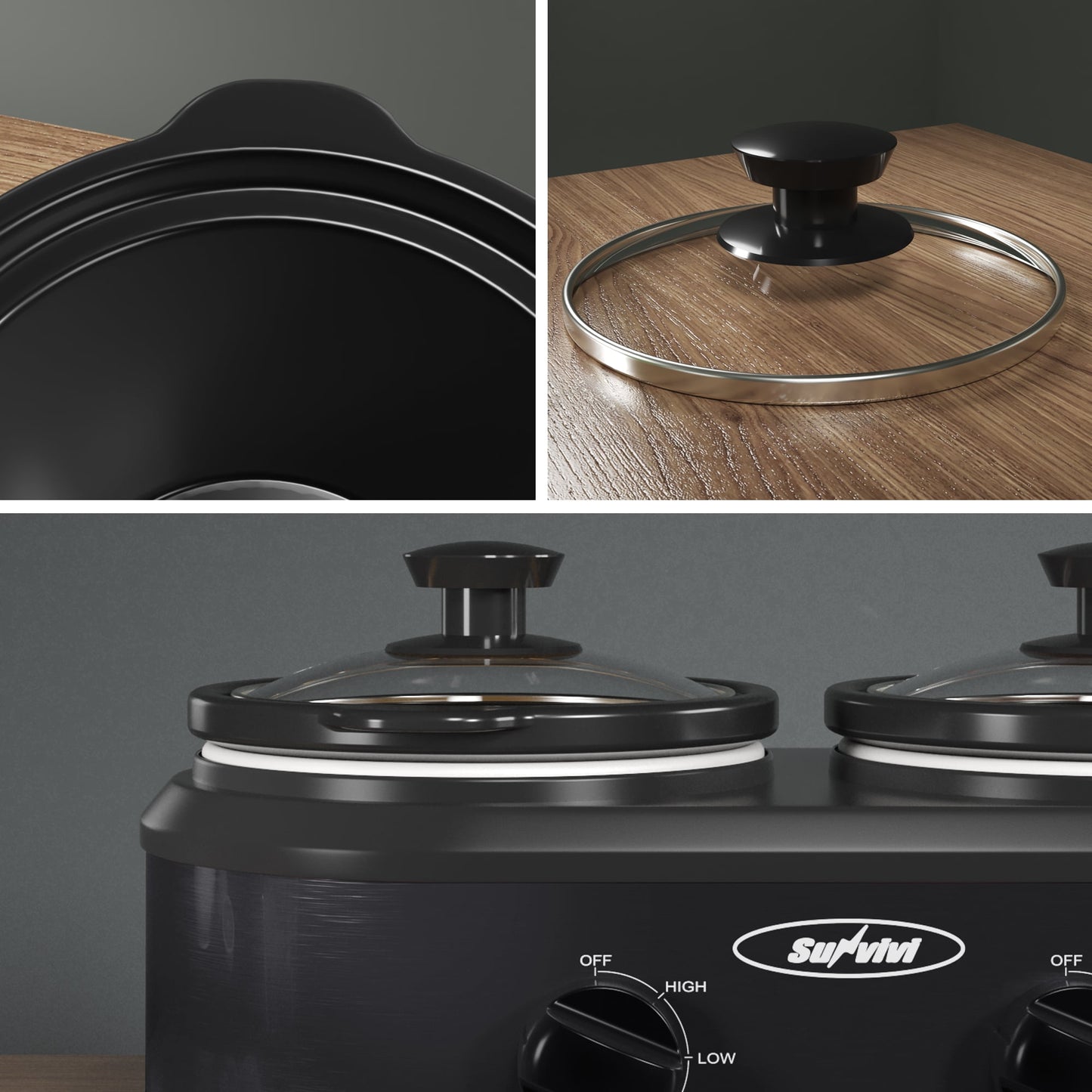 Sunvivi Small Double Slow Cooker, 2 Pot 1.25 Quart Oval Crock Food Warmer Buffet Server, Stainless Steel, Black