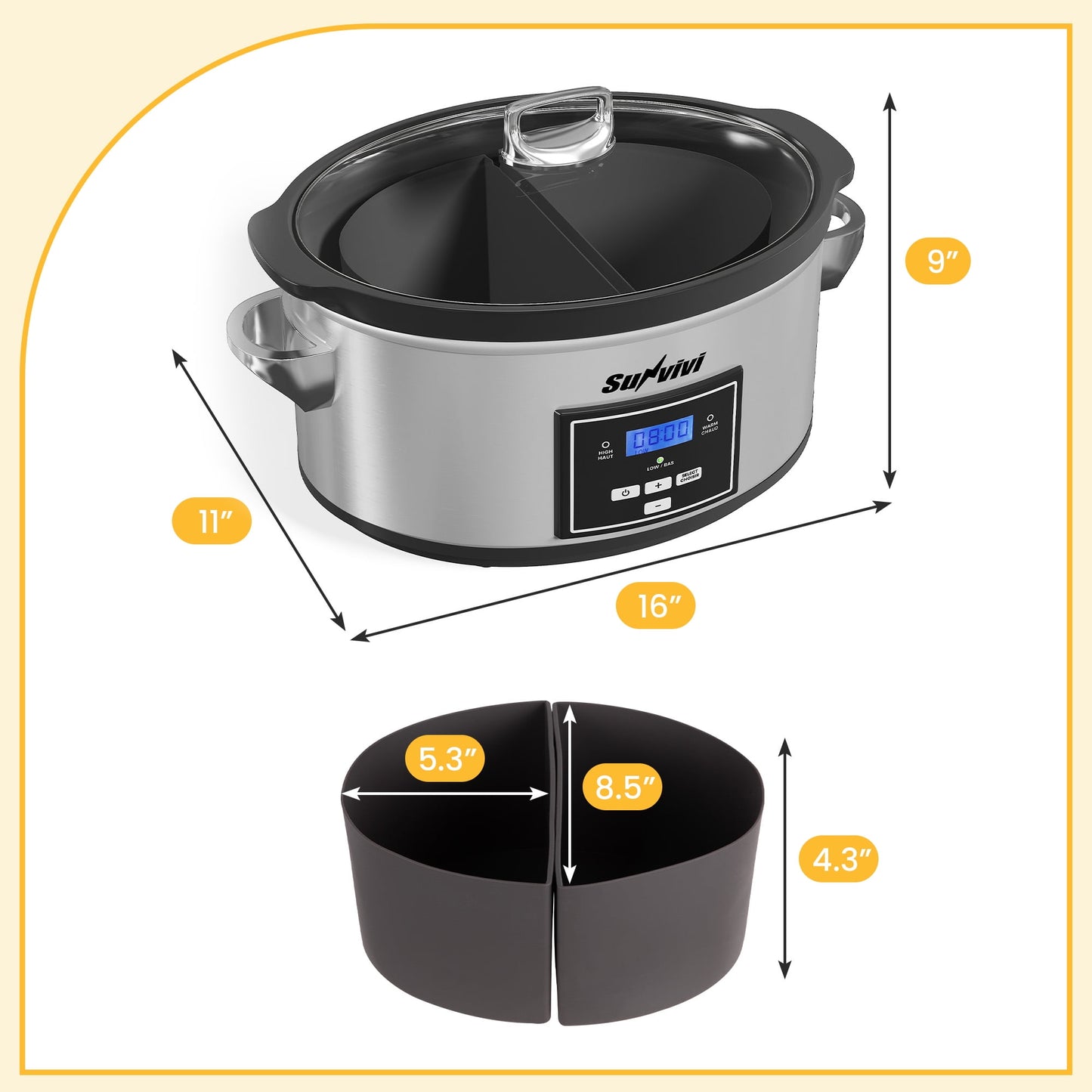 Superjoe Programmable Slow Cooker 6 Quart with 2 in 1 Silicone Liners, Multi-Cooker Food Warmer with Digital Timer, 3 Cooking Settings, Dishwasher-Safe Removable Ceramic Pot & Lid, Silver.