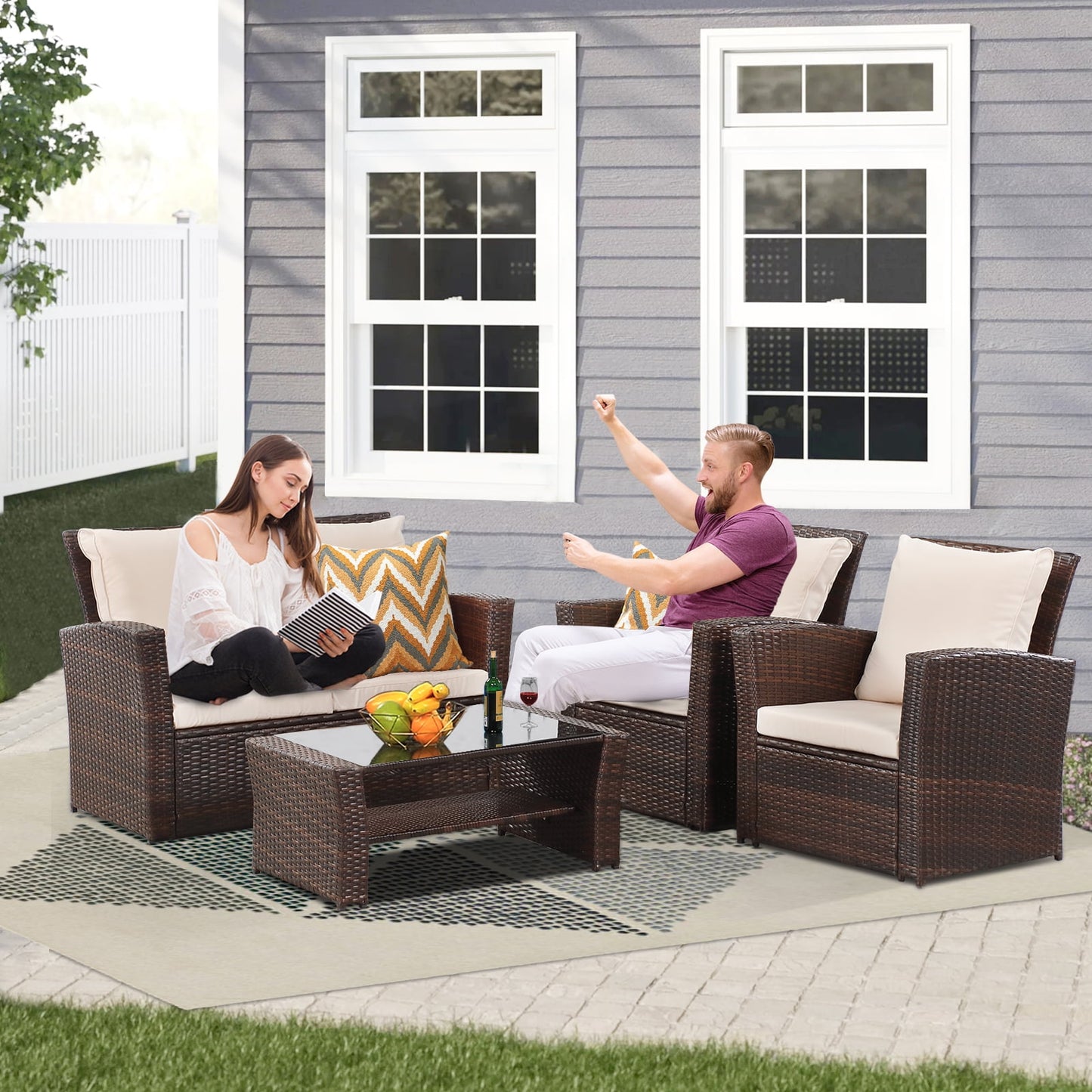 All-Weather Outdoor Patio Furniture Set - 4-Piece Wicker Rattan Sectional Conversation Set with Table and Cushions, Gray