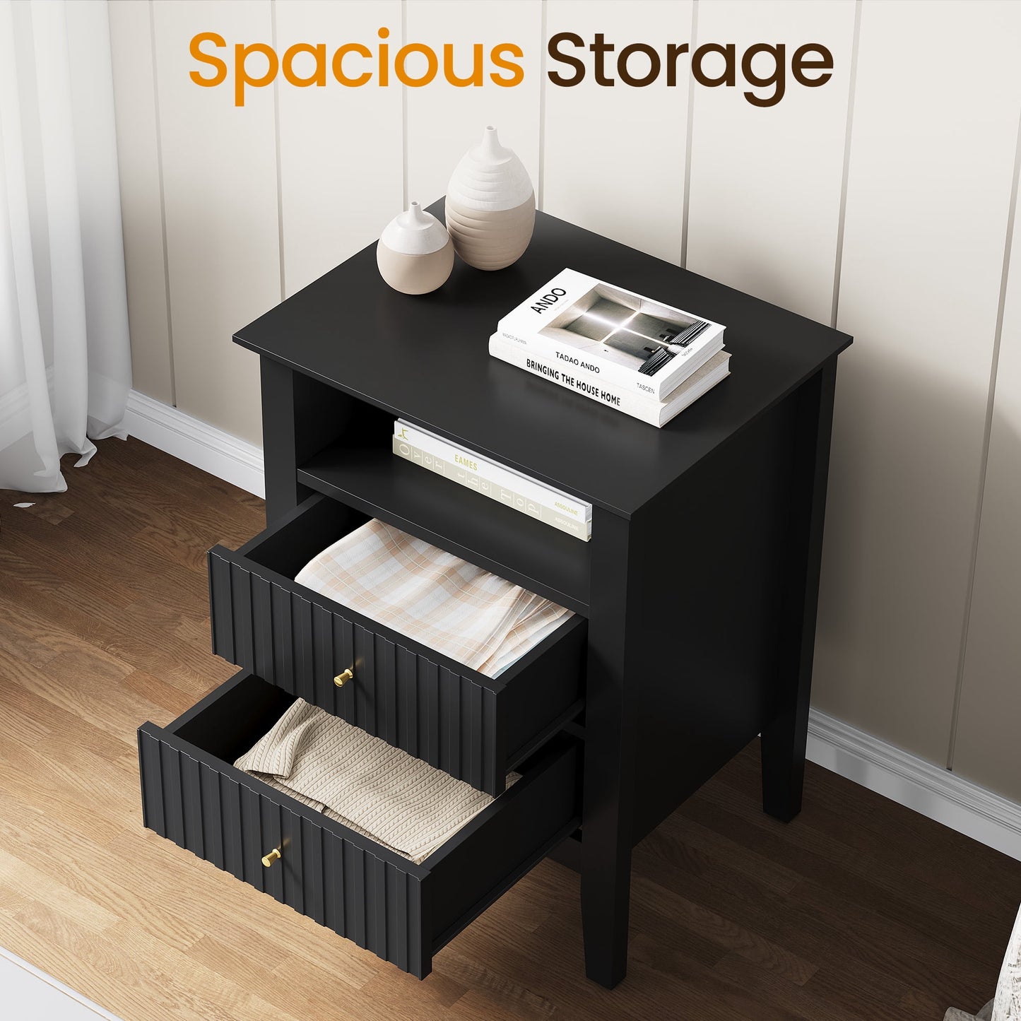 Heynemo Black Fluted Nightstand with 2 Drawers, Modern Wooden Sofa Table for Small Spaces, Tall End Table for Bedroom, Living Room