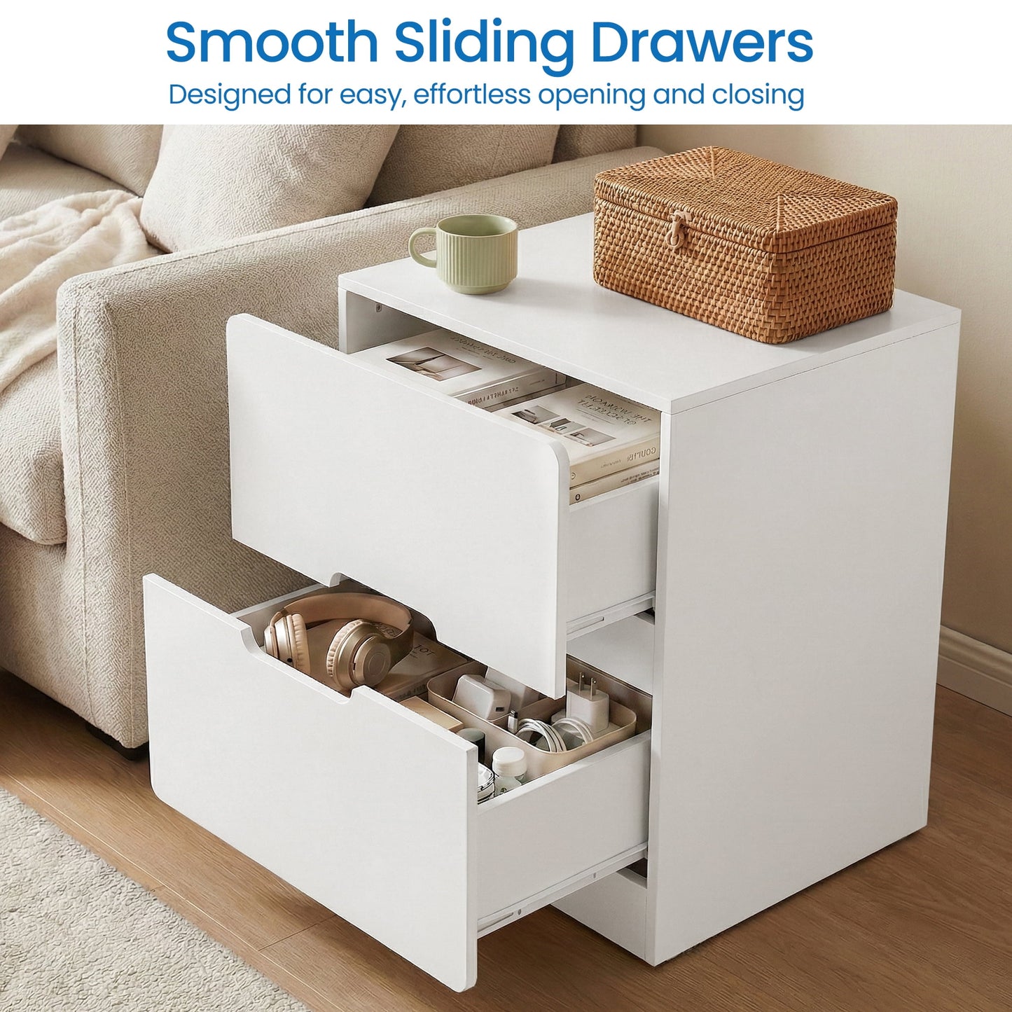 May in Color 2-Drawer Nightstand, Handless Bedside Table for Bedroom, Living Room, Hallway, White