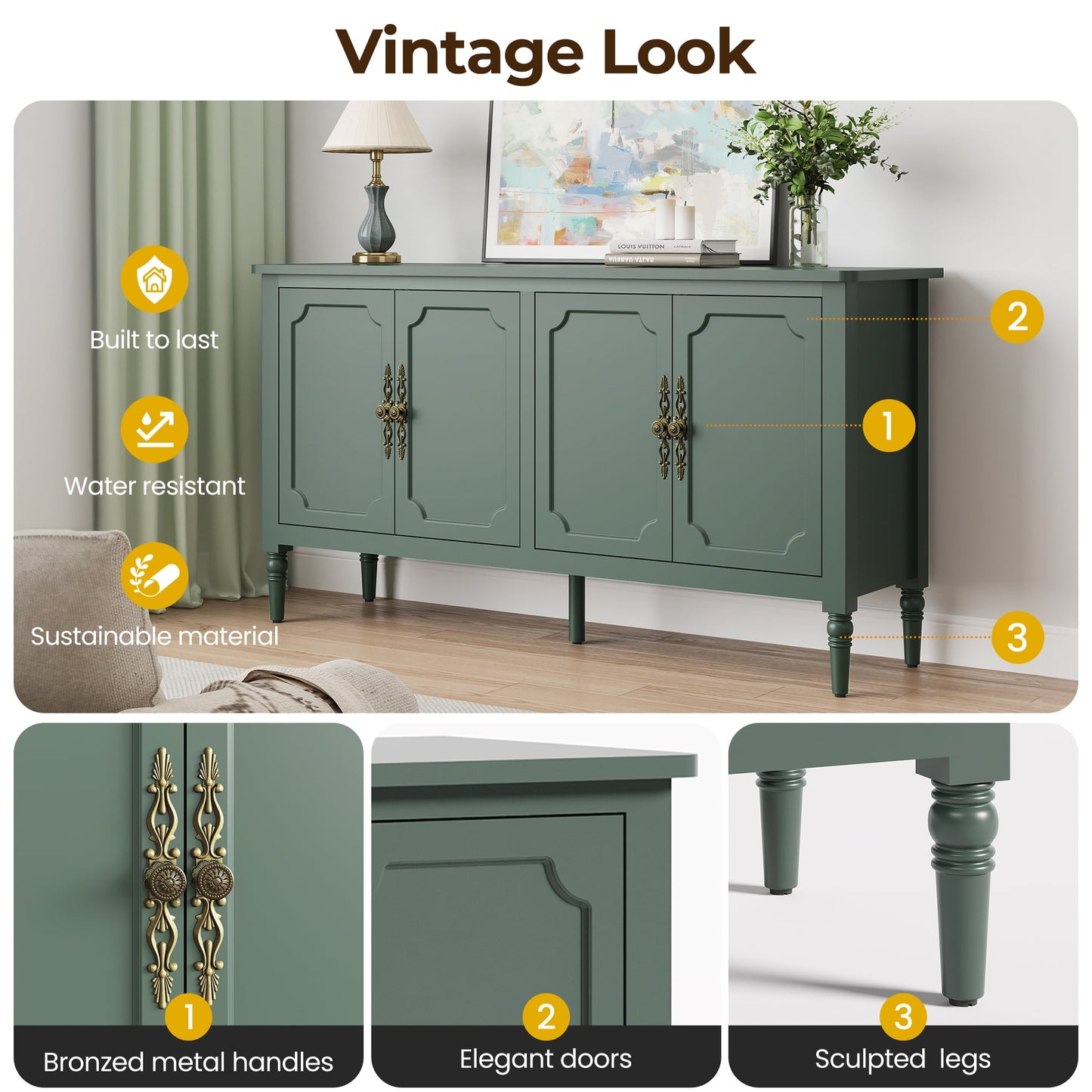 May in Color 58" Wood Buffet Cabinet, Mid-Century Modern Console Cabinet, with 4 Door & Media Storage, for Entryway, Living Room, Dining Room, Bedroom, Green