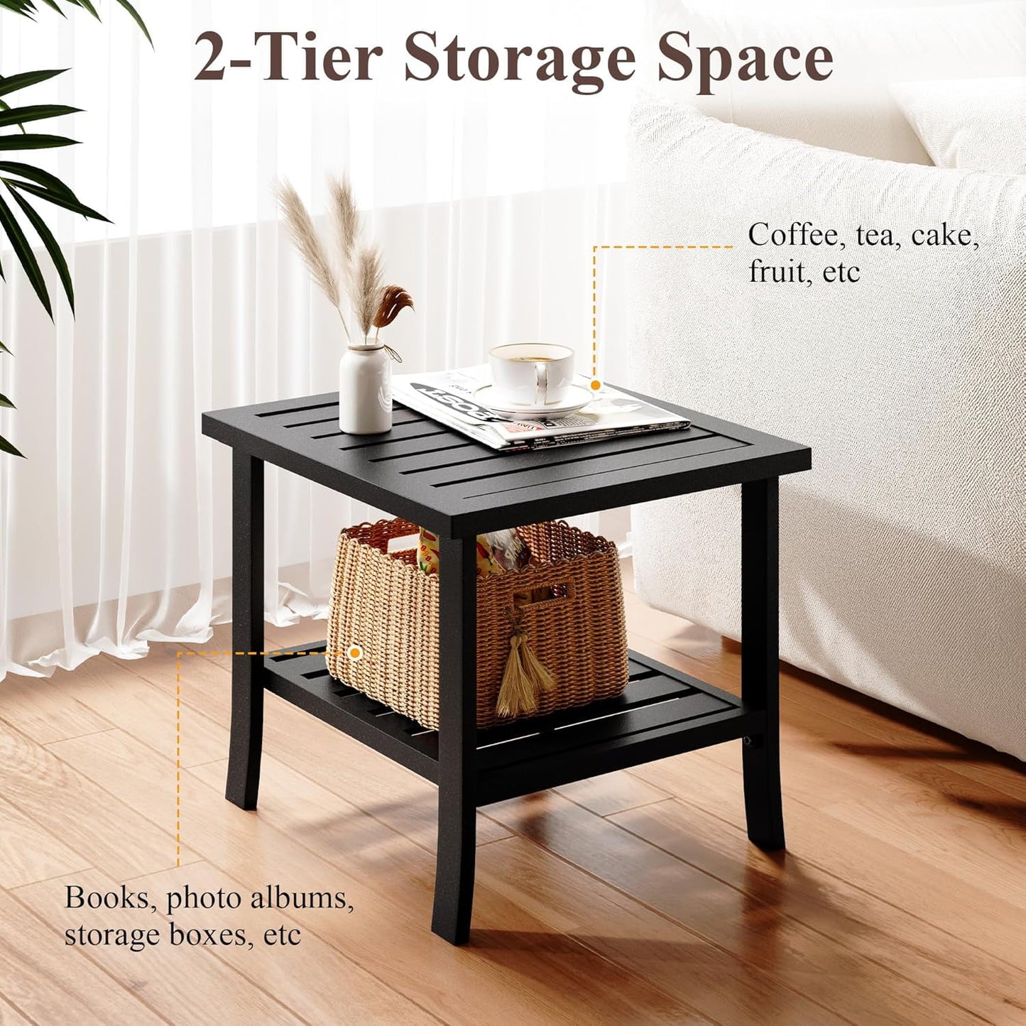 Heynemo 2-Tier Storage Square Patio Side Table, Outdoor Coffee Table, All-Weather Metal Patio End Table for Porch Backyard Garden, Black