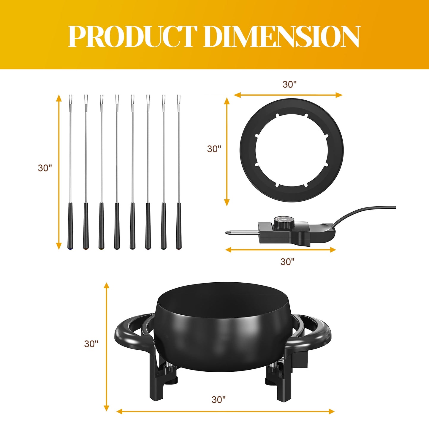 Heynemo 3 QT Fondue Set, Electric Fondue Pot Set for Melting Chocolate & Cheese, 1000W Non-Stick Fondue Maker with Adjustable Temperature Control and 8 Color-Coded Forks, Ideal for Dessert & Broth