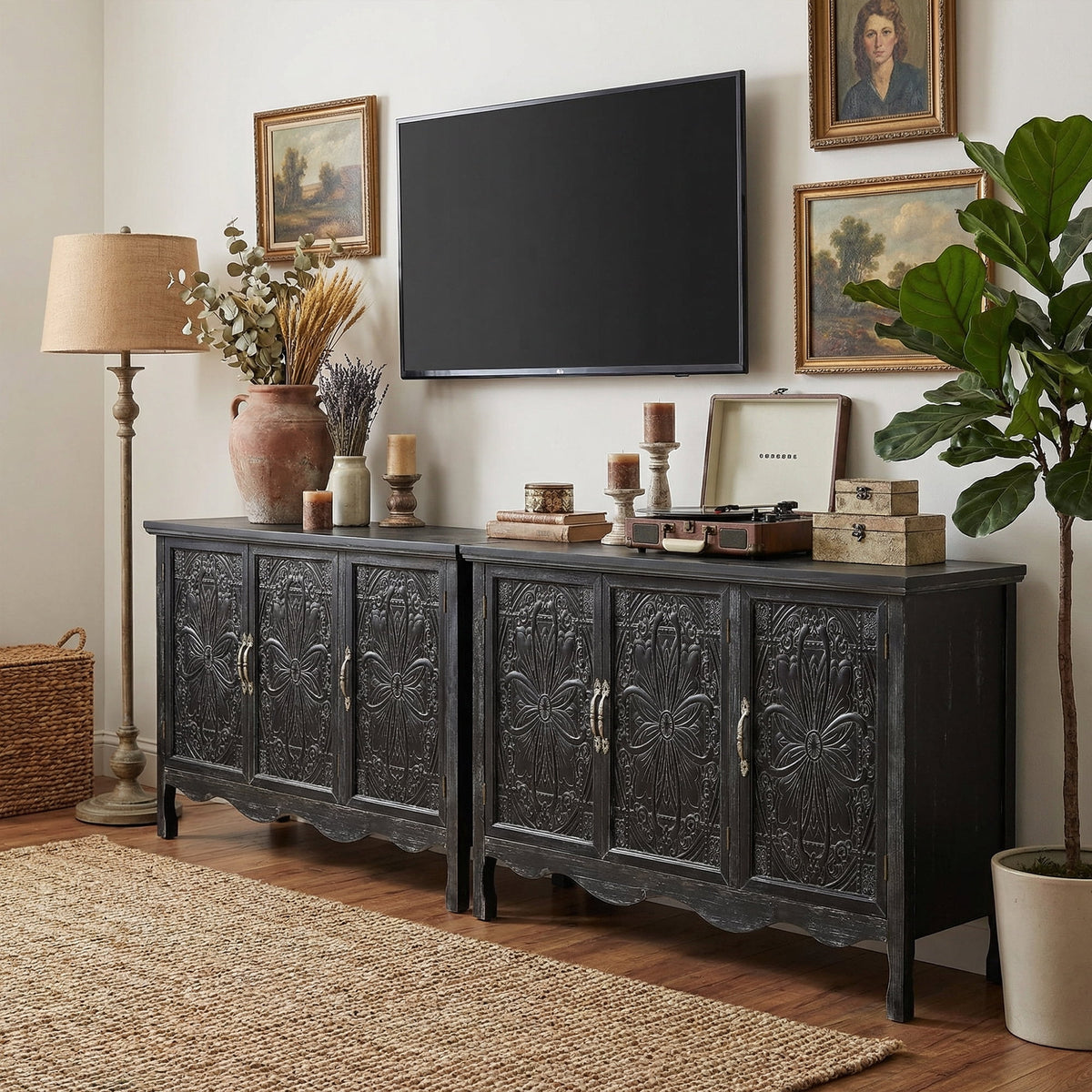 Heynemo Vintage Sideboard Buffet Cabinet with 3 Carved Doors and Adjustable Shelves, Wood Credenza for Kitchen, Dining Room, Living Room, Bedroom, Black