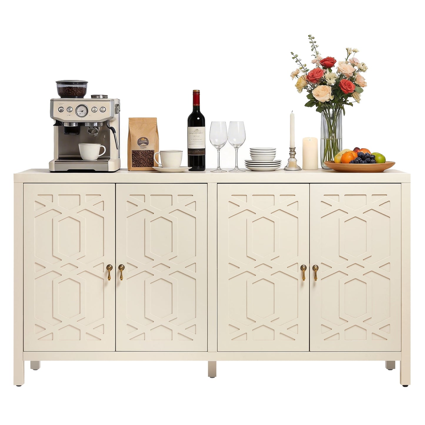 May in Color 60'' Modern Sideboard Cabinet with Adjustable Shelves and 4 Doors, Ideal for Entryway, Living Room, Dining Room, Bedroom, Beige