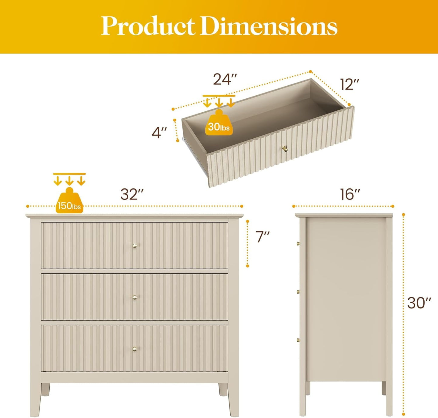 Mayincolor Wooden 3-Drawer Dresser Set of 2, Wide Chest with Modern Nightstand Cabinet and Spacious Storage, Beige