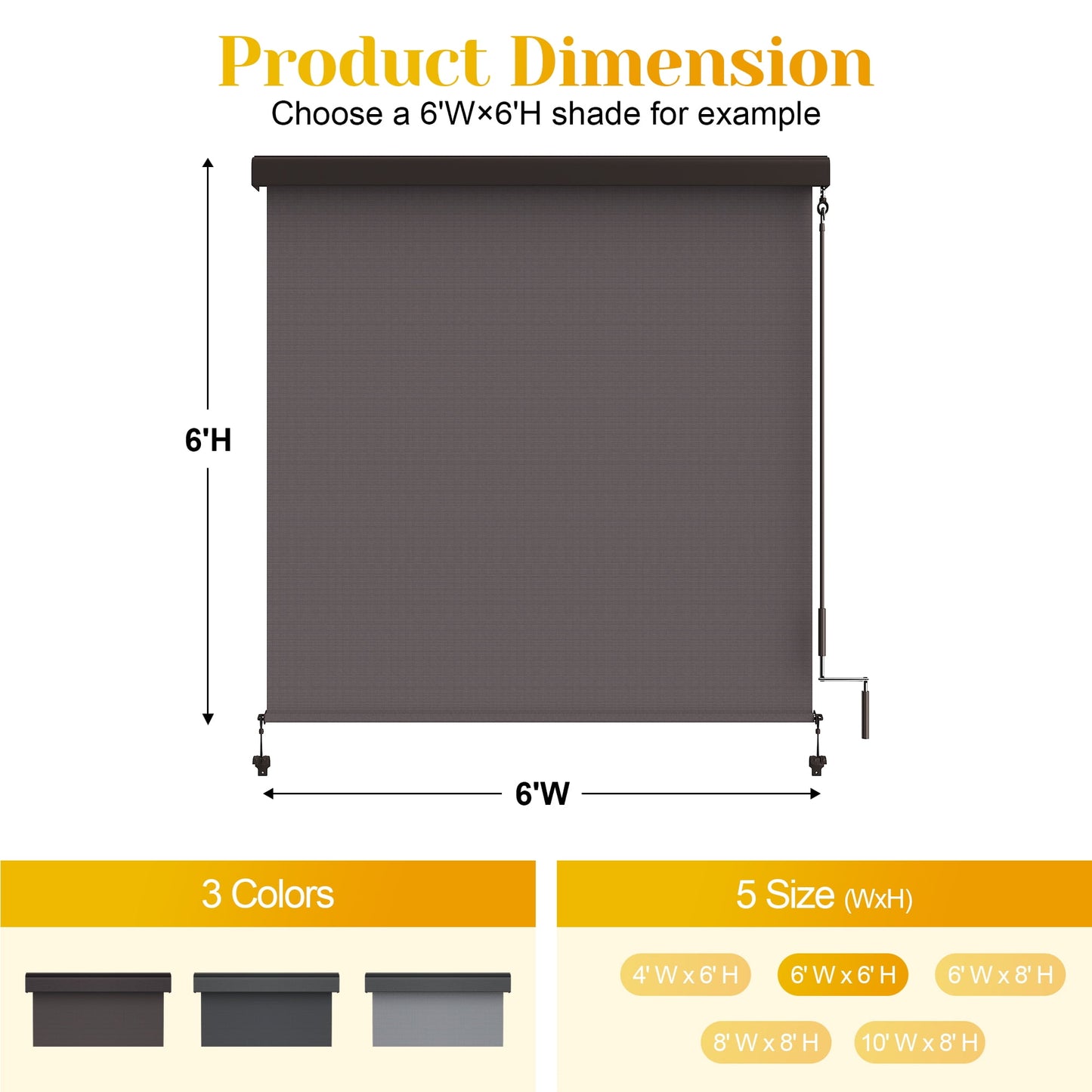 Superjoe Outdoor Roller Shades with 95% UV Blockout, 6'L x 6'W Exterior Cordless Patio Shades Roll Up Outdoor Blinds for Porch Gazebo, Blockout Waterproof Protect Privacy, Brown