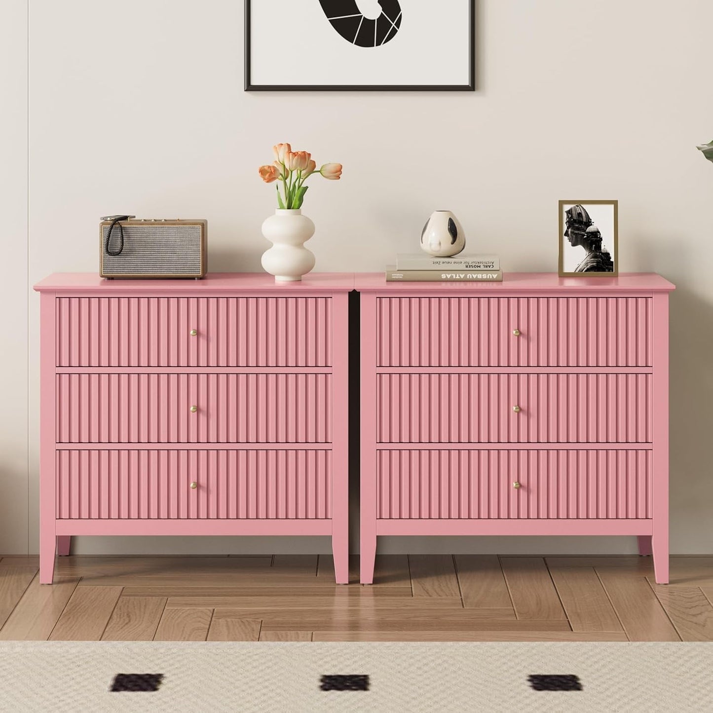 May in Color Pink Fluted Nightstand with 3 Drawers, Modern Bedroom End Table, Wood Bedside Table