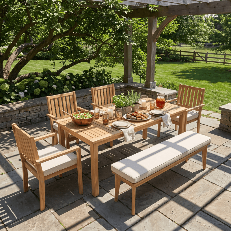 6-Piece Acacia Patio Table and Chairs Set for All-Weather, Outdoor Patio Dining Set with Umbrella Hole and Removable Cushion for 5, Durable Patio Table and Chairs Set for Garden, Heynemo