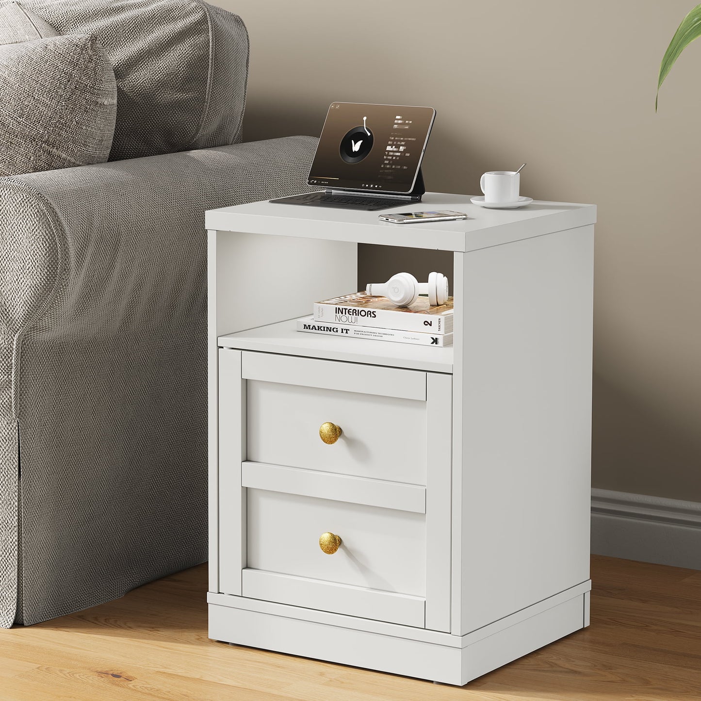 Heynemo white Nightstand with Storage Shelf & Door, Faux Drawer Design End Table, Compact Side Table for Bedrooms, Dorm Rooms & Small Spaces, Set of 1