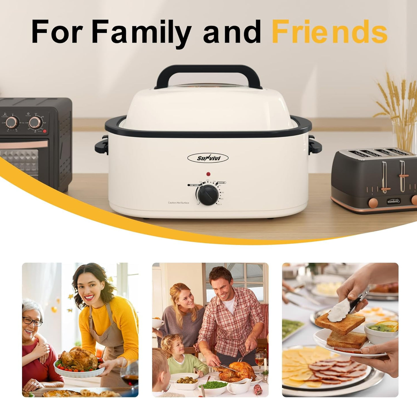 Superjoe 22 Quart Electric Roaster Oven with Self-Basting Lid, Turkey Roaster Oven Buffet with Removable Pan, Cool-Touch Handles, White