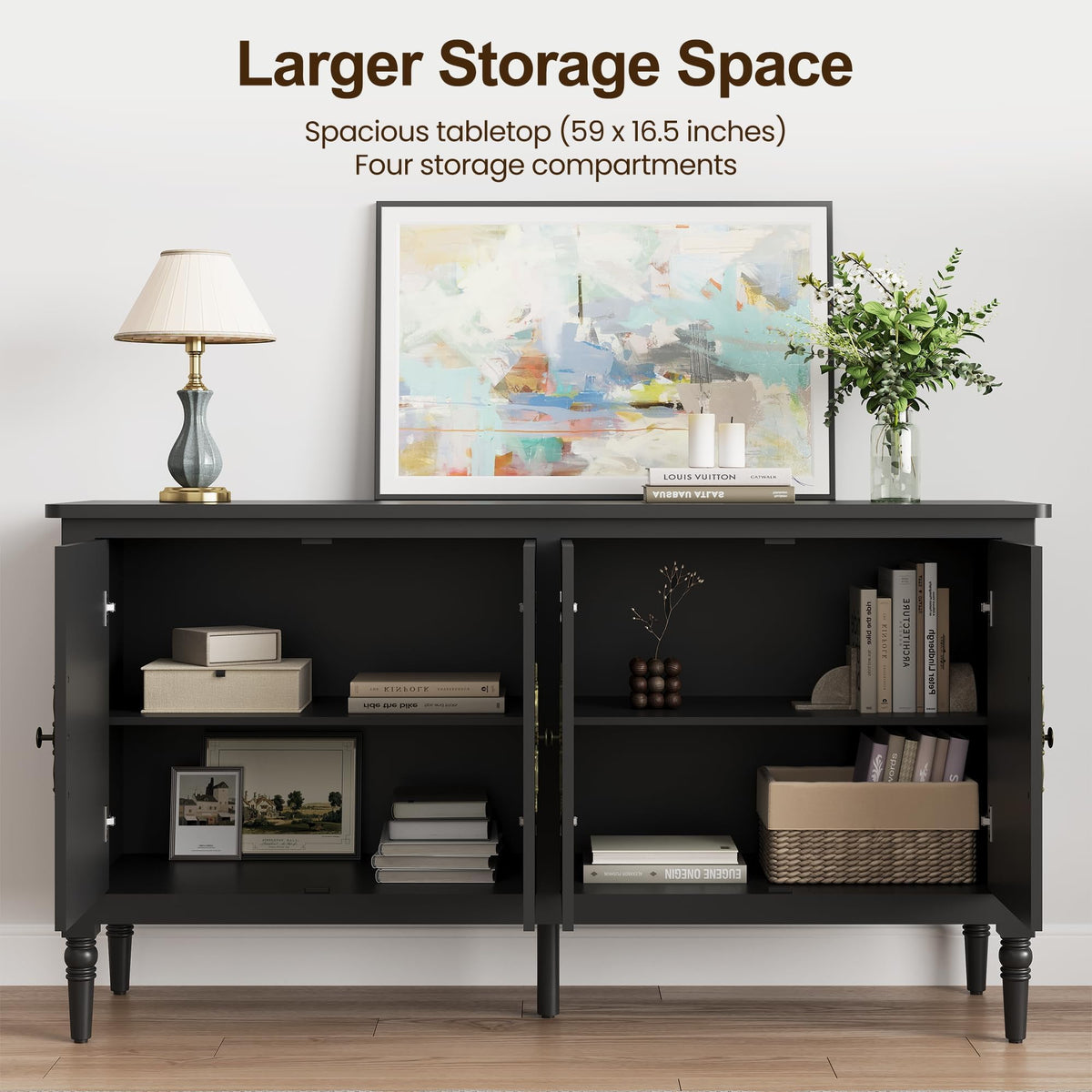 May in Color Buffet Sideboard Table Set of 2, 59'' Mid Century Modern Console Table, Media Cabinet with 4 Doors, Accent Cabinet Wood Sideboard, for Entryway, Living Room, Dining Room, Black
